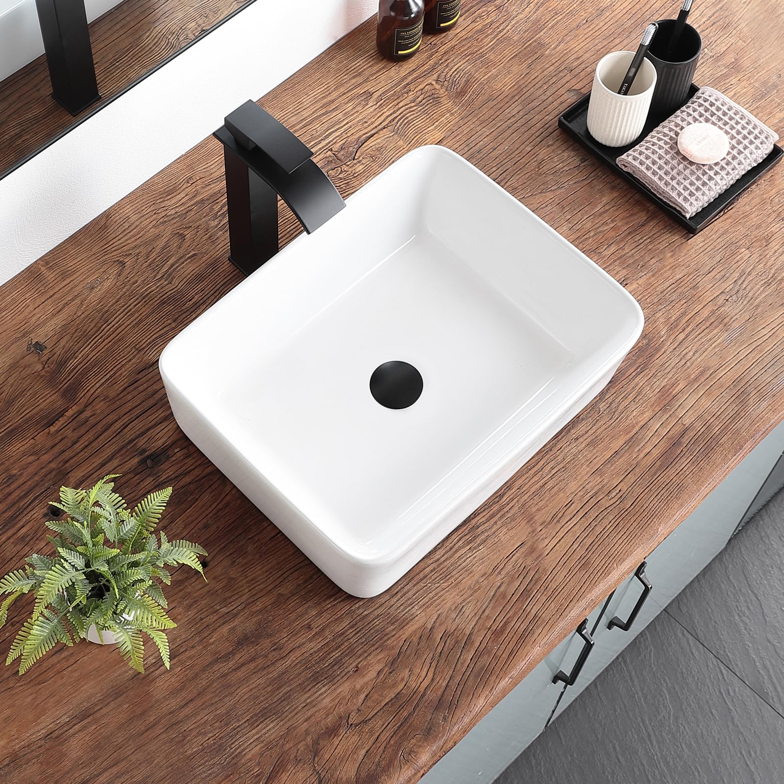 KARAMAG 19x15 Inch White Porcelain Rectangular Vessel Sink - Modern Above Counter Bathroom Vanity Sink for Contemporary Homes & Luxury Hotels | Perfect for Master Bathrooms, Guest Suites & Spa Retreats