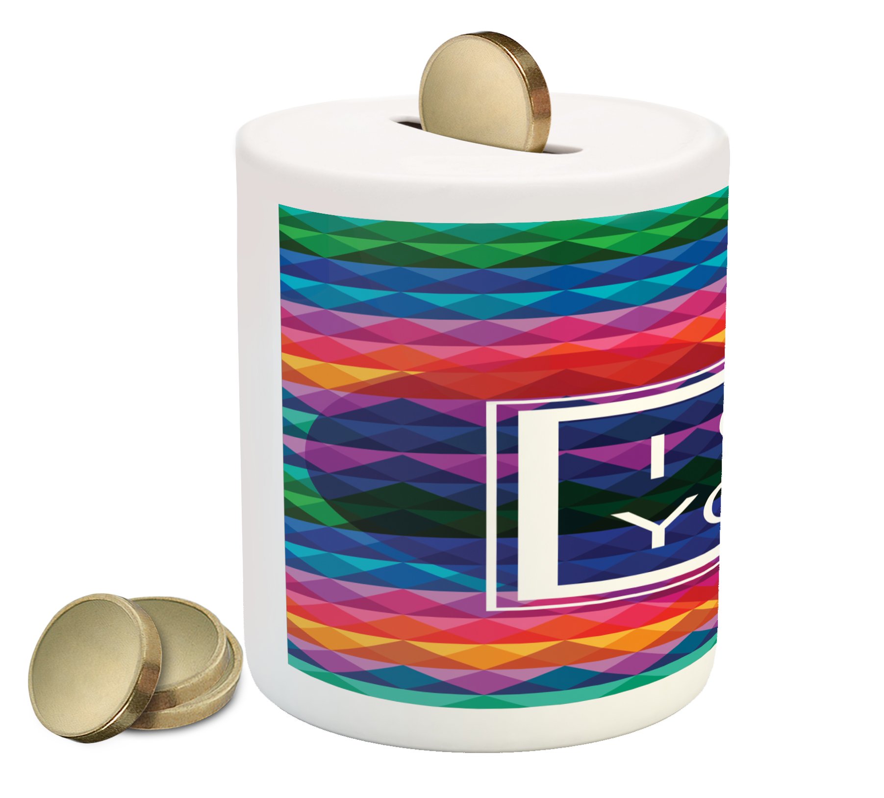 Ambesonne Vintage Rainbow Piggy Bank - Colorful Fractal Mosaic Ceramic Coin Bank with Heart & 'I Love You' Design | Money Saving Box for Cash & Coins | Perfect Gift for Valentine's Day, Birthdays & Home Decor