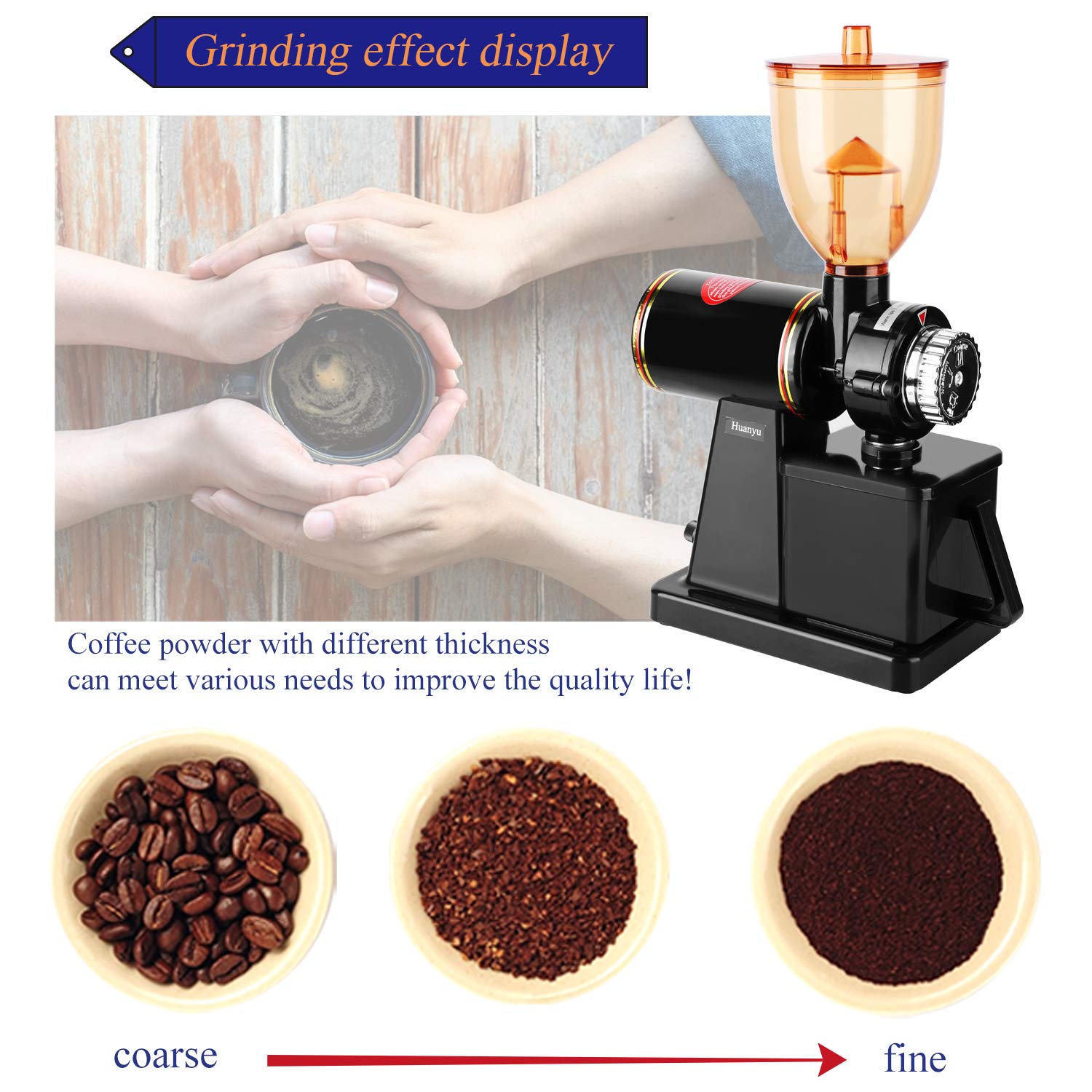 Professional Huanyu 250G Electric Coffee Grinder - 200W Burr Mill with 8 Adjustable Grind Settings for Espresso to French Press, Anti-Jump Design - Perfect for Home & Commercial Use - Ideal for Coffee Shops, Restaurants, and Daily Brewing