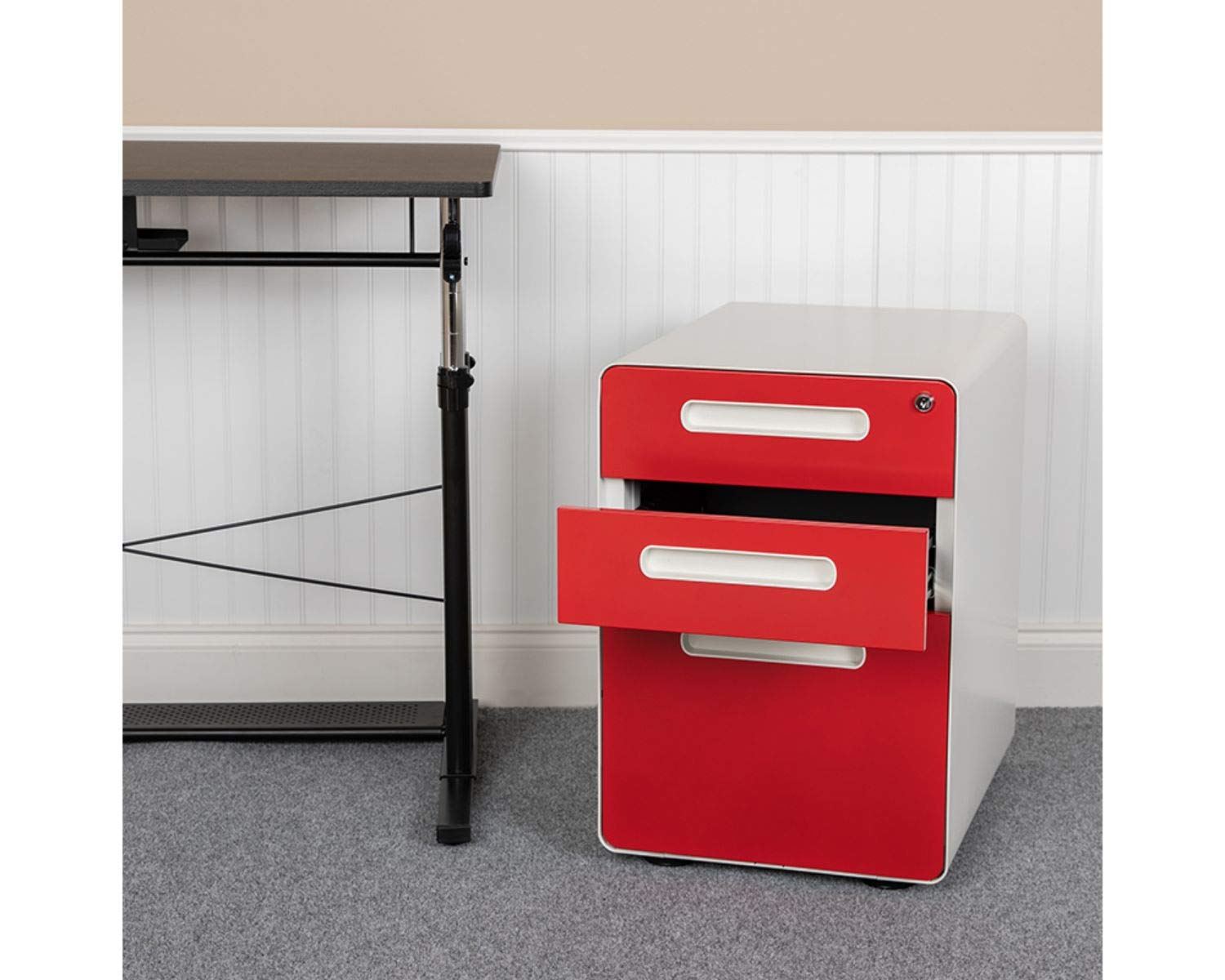 Flash Furniture Wren Ergonomic 3-Drawer Mobile Locking File Cabinet with Anti-Tilt Mechanism - Letter/Legal Size Drawers - White with Red Faceplate - Perfect for Home Office, Small Business & Professional Workspaces