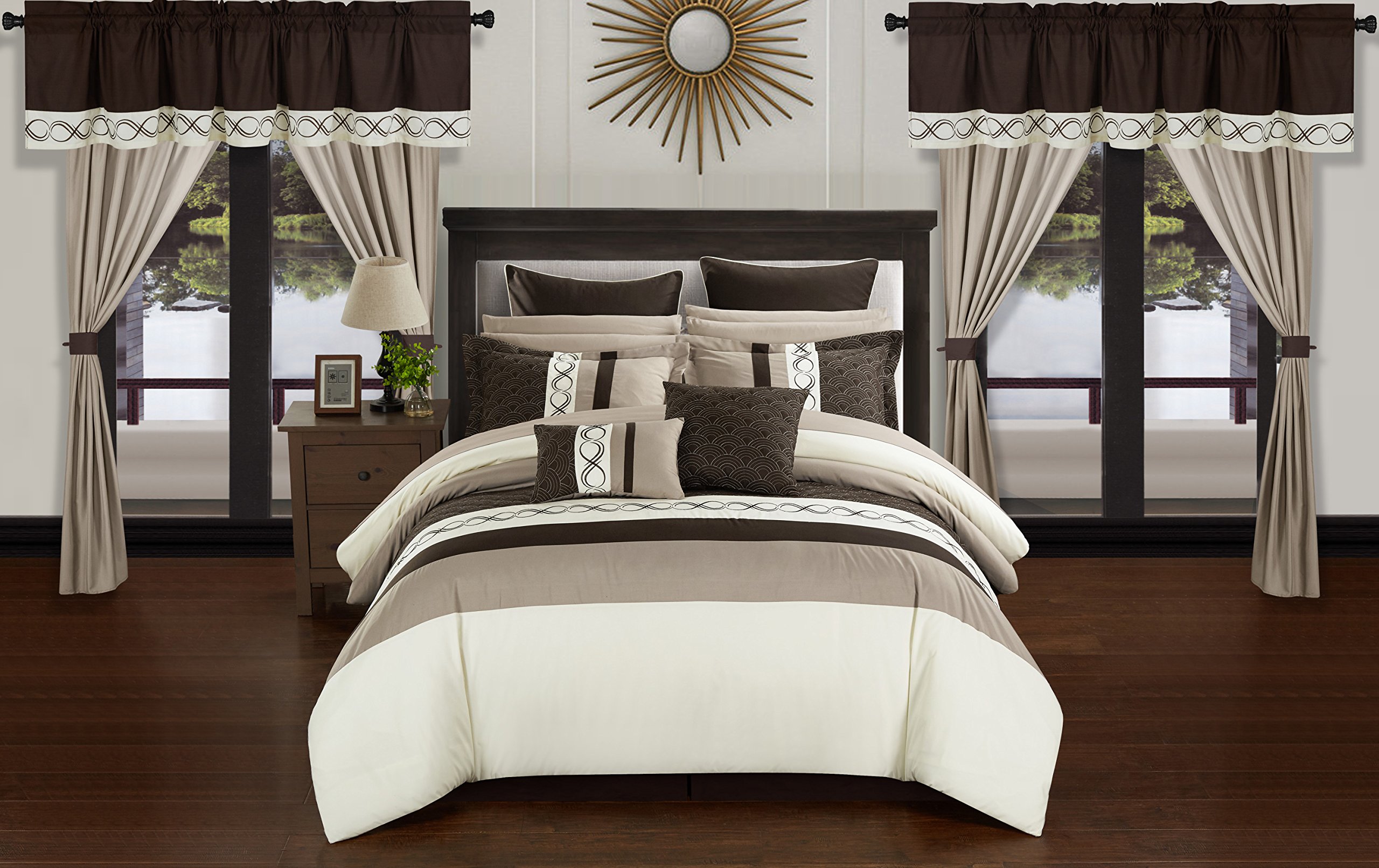 Chic Home Idit Comforter Set - Color Block Embroidered Design with Complete Bedding Set (Comforter, Sheets, Bed Skirt, Decorative Pillows, Shams & Window Curtains) - Queen Size Beige - Perfect for Master Bedroom, Guest Room & Cozy Home Decor
