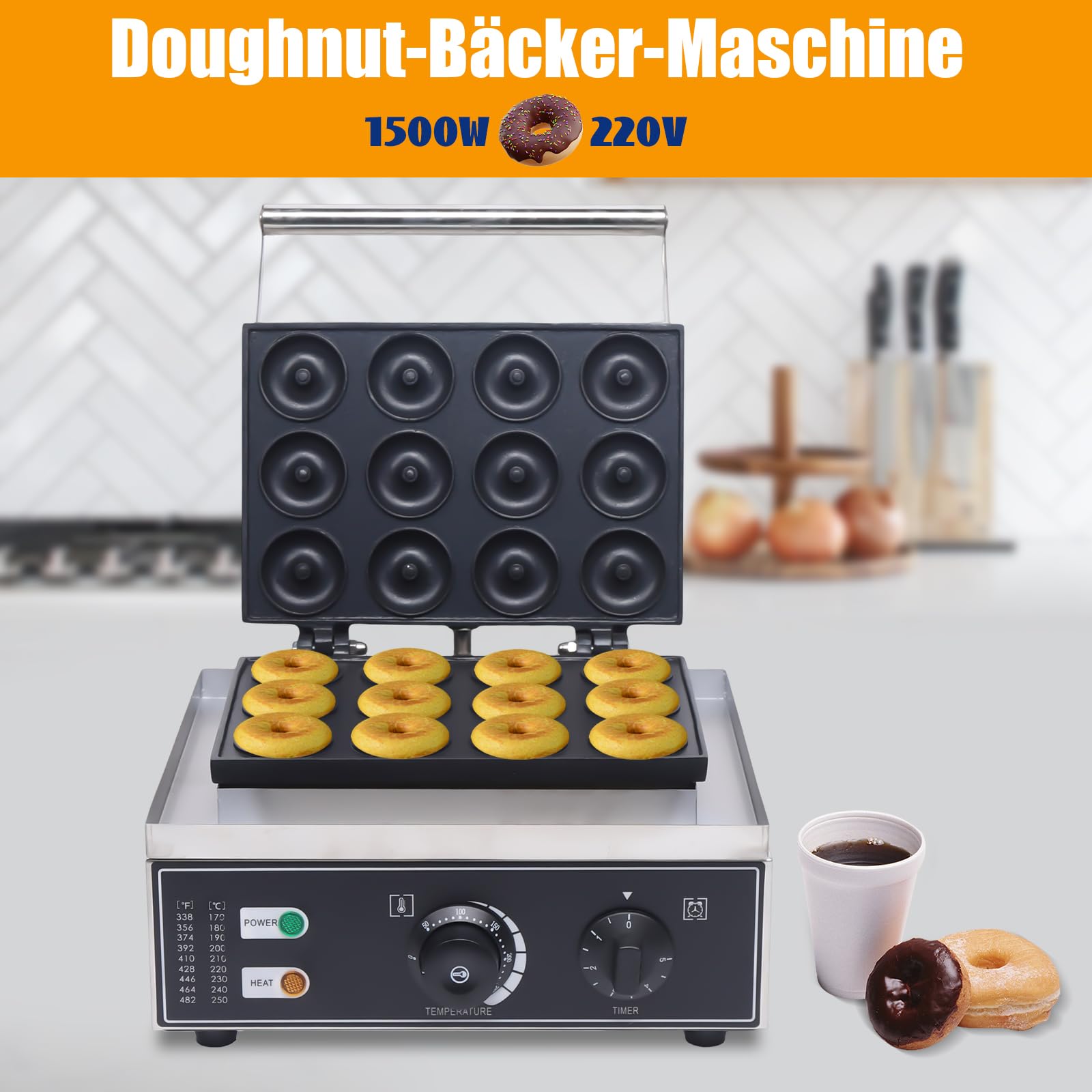 Electric 12-Hole Donut Maker Machine - Nonstick Doughnut Baking Pan with 5mm Fast Heating & Double-Sided Temperature Control (50-300°F) - Compact & Modern Silver Design for Home, Party, and Bakery Use