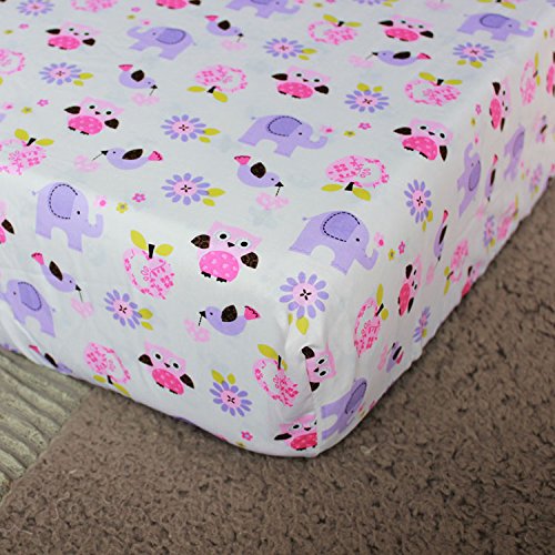 Brandream 3-Piece Purple Cotton Crib Bedding Set for Baby Girls - Floral Patchwork with Elephant & Owl Design, Ruffled Trim, Breathable & Healthy Nursery Bedding | Perfect for Princess-Themed Rooms, Baby Showers & Newborn Gifts