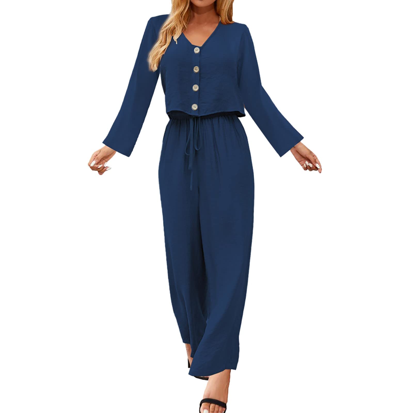FABFEGU Women's 2-Piece Outfit Set - Long Sleeve Cotton Top & Kimono Pants for Spring/Summer | Casual Party Wear & Lounge Set | Perfect for Date Nights, Vacations & Home Comfort