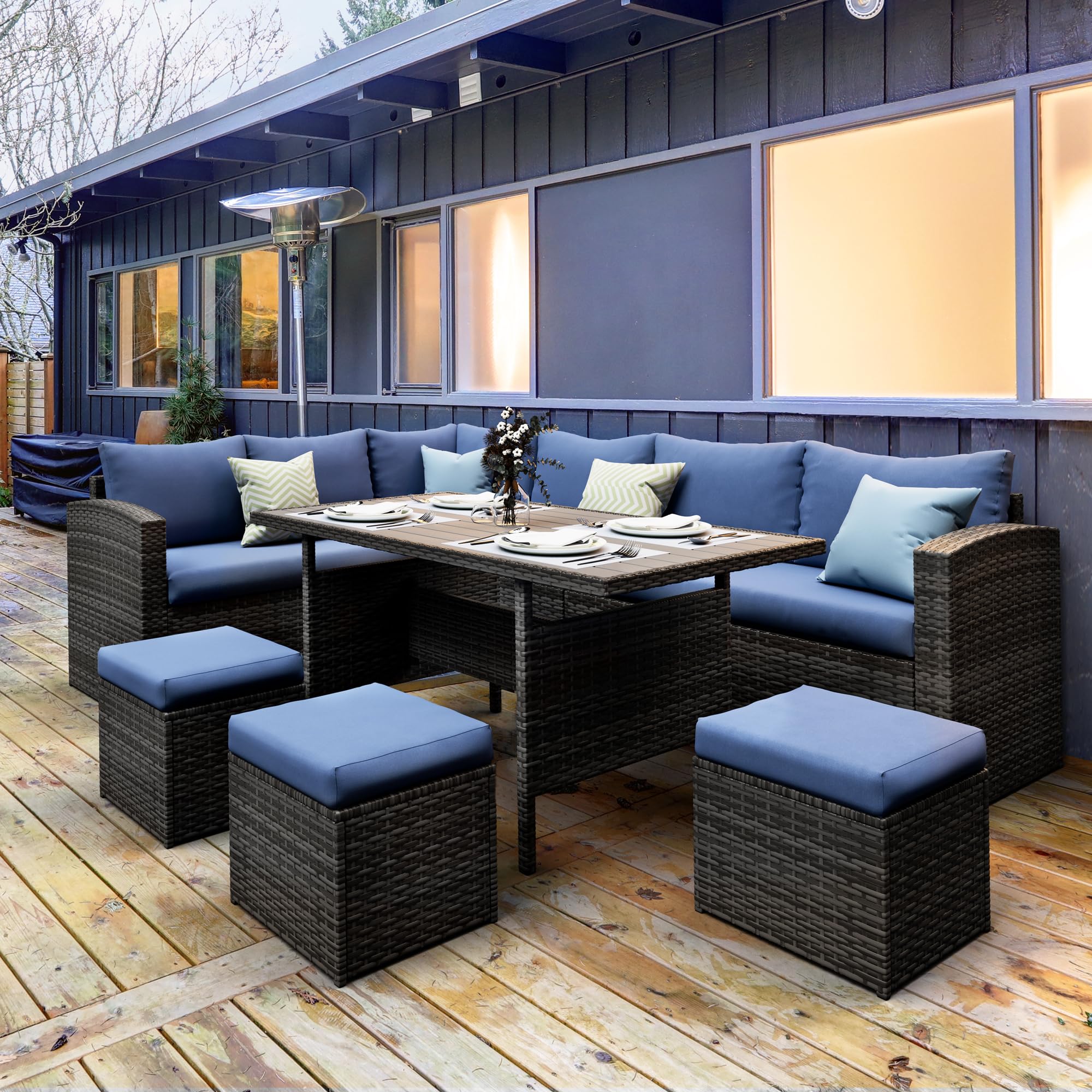 Solaste 7-Piece Outdoor Patio Furniture Set - All-Weather PE Rattan Sectional Sofa with Dining Table & Chairs - Blue - Perfect for Backyard, Garden, Poolside & Patio Relaxation