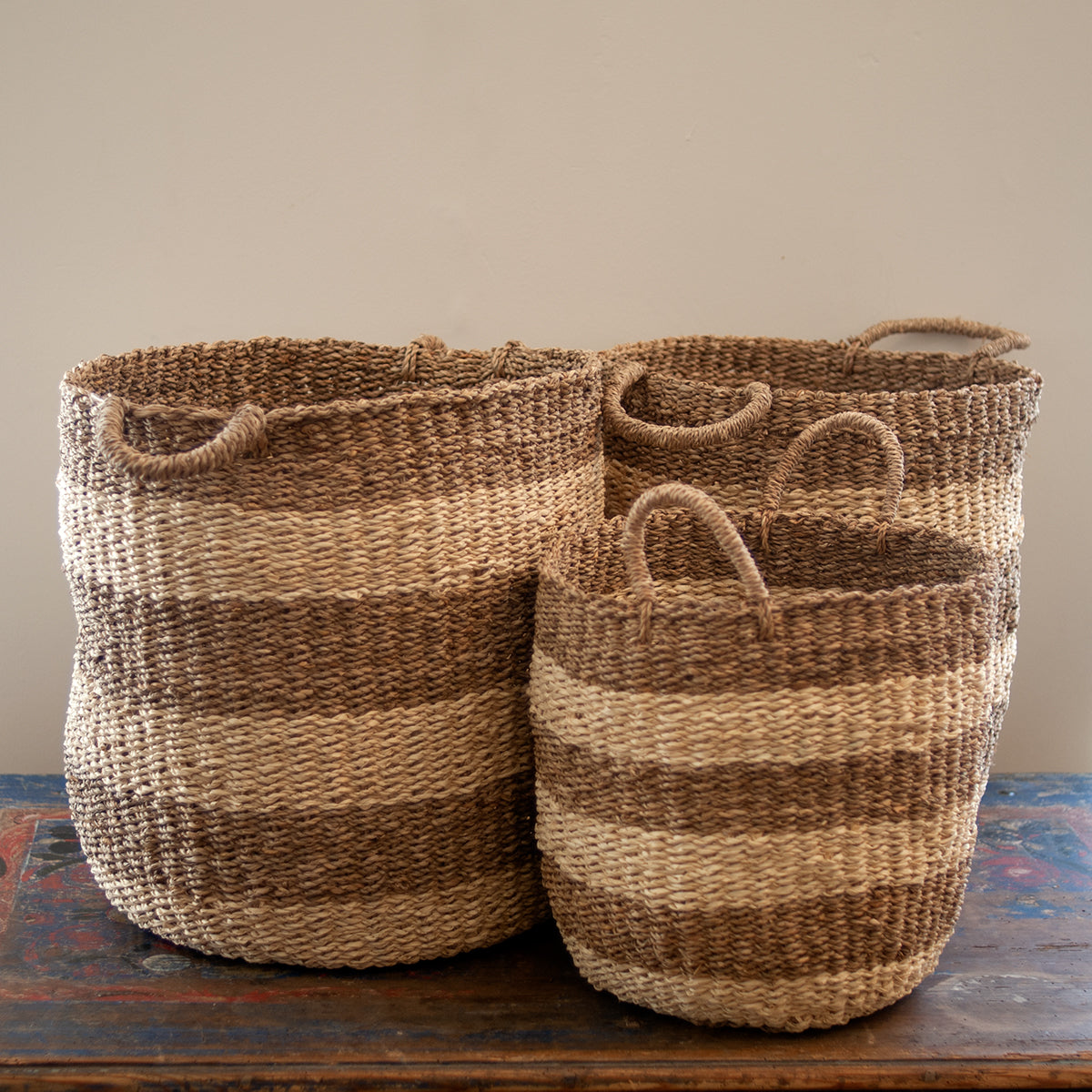 Nantucket Seagrass Baskets with Classic Sea Stripe Design - Handwoven Beach Tote for Summer, Picnics & Coastal Home Decor