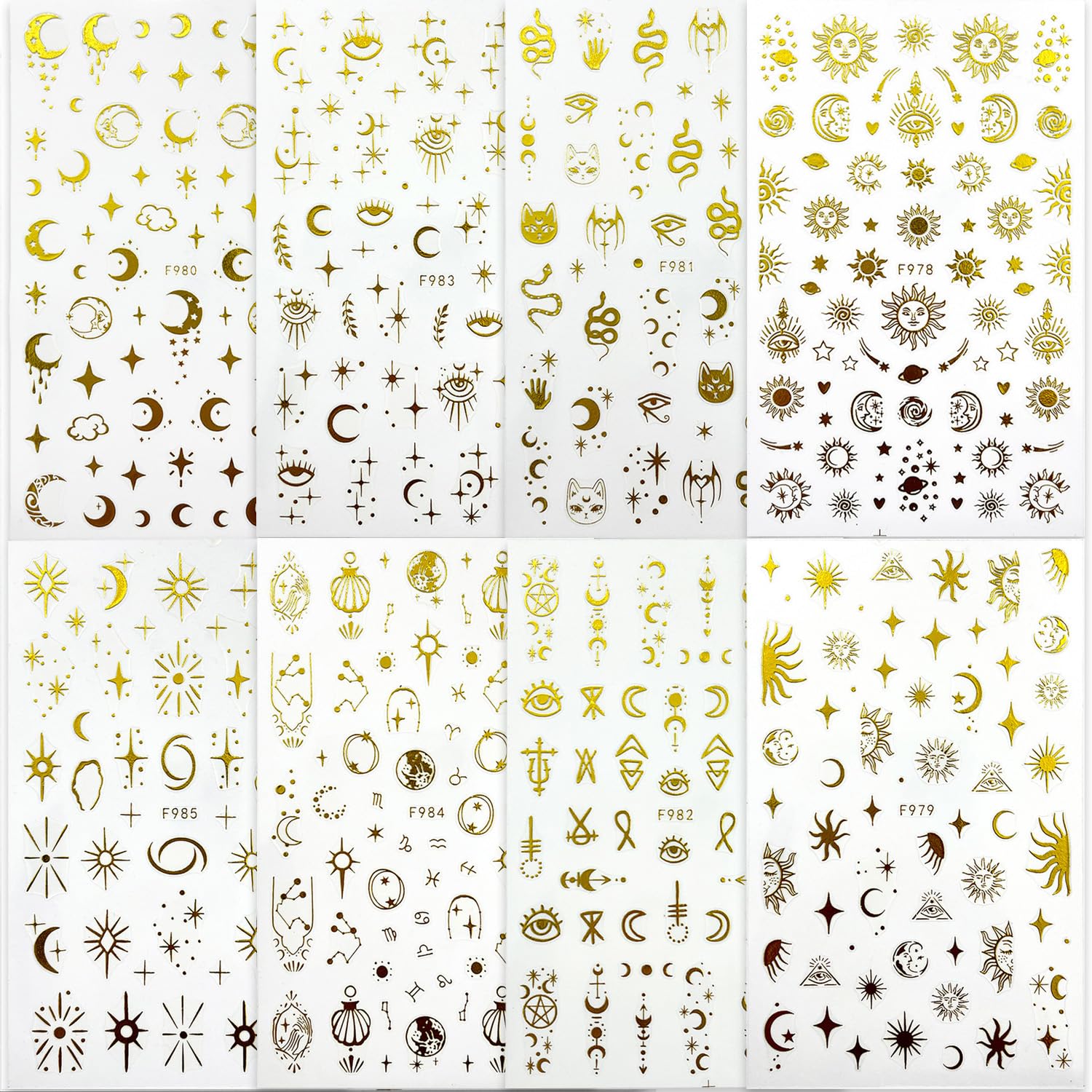 8 Sheets Gold Star Moon 3D Nail Art Stickers - Self-Adhesive Snake & Sun Eye Nail Decals with Various Patterns for Women DIY Manicure | Perfect for Parties, Weddings, and Special Occasion Nail Decorations