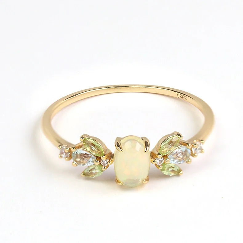 Elegant Peridot Oval Ring with Blue Topaz CZ Stones - August Birthstone Jewelry for Leo Birthday Gift | Perfect for Anniversary, Engagement & Special Occasions | TB1702