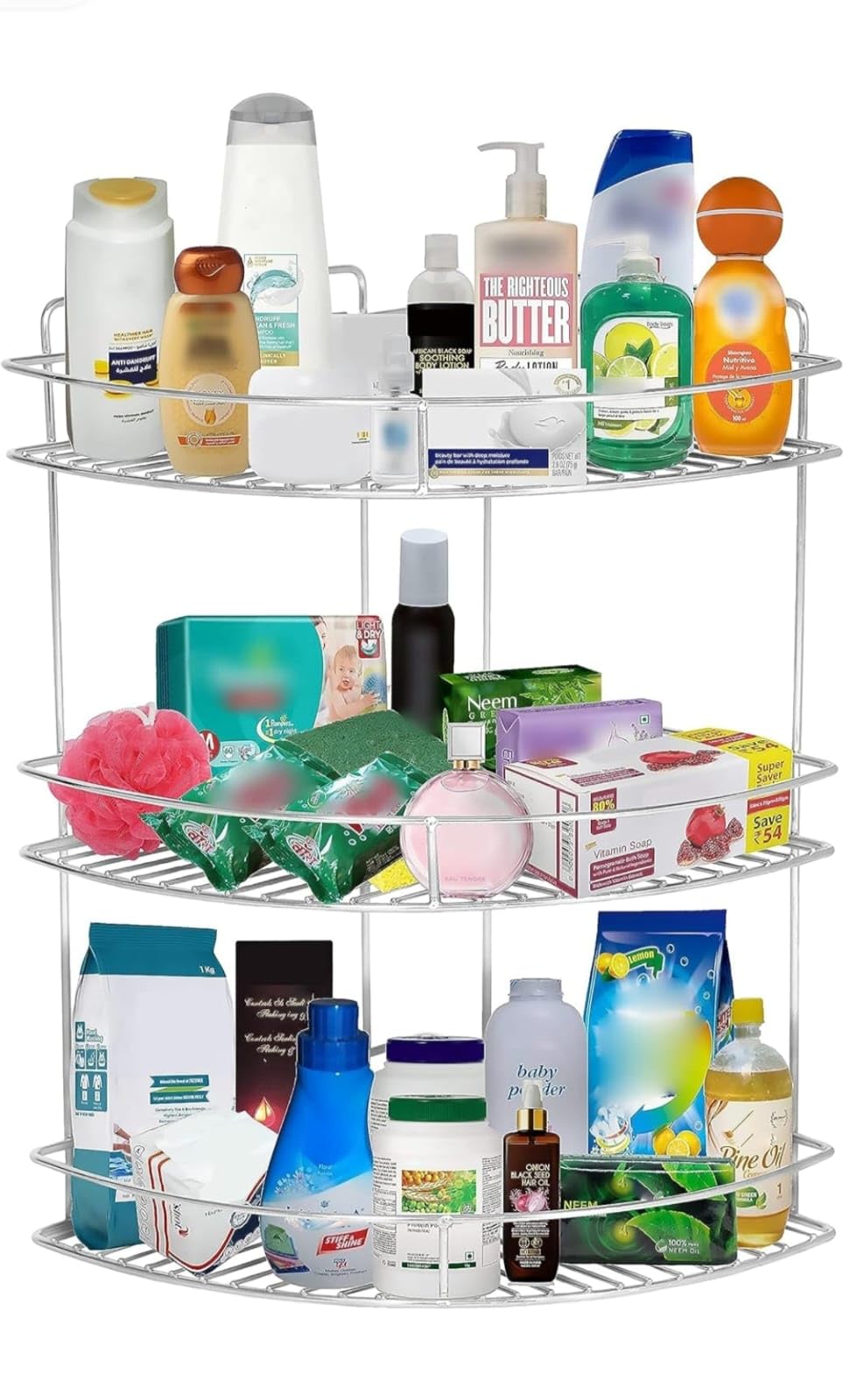 3-Tier Stainless Steel Kitchen Utensil Organizer - Space Saving Corner Shelf for Plates, Dishes & Bathroom Storage (10