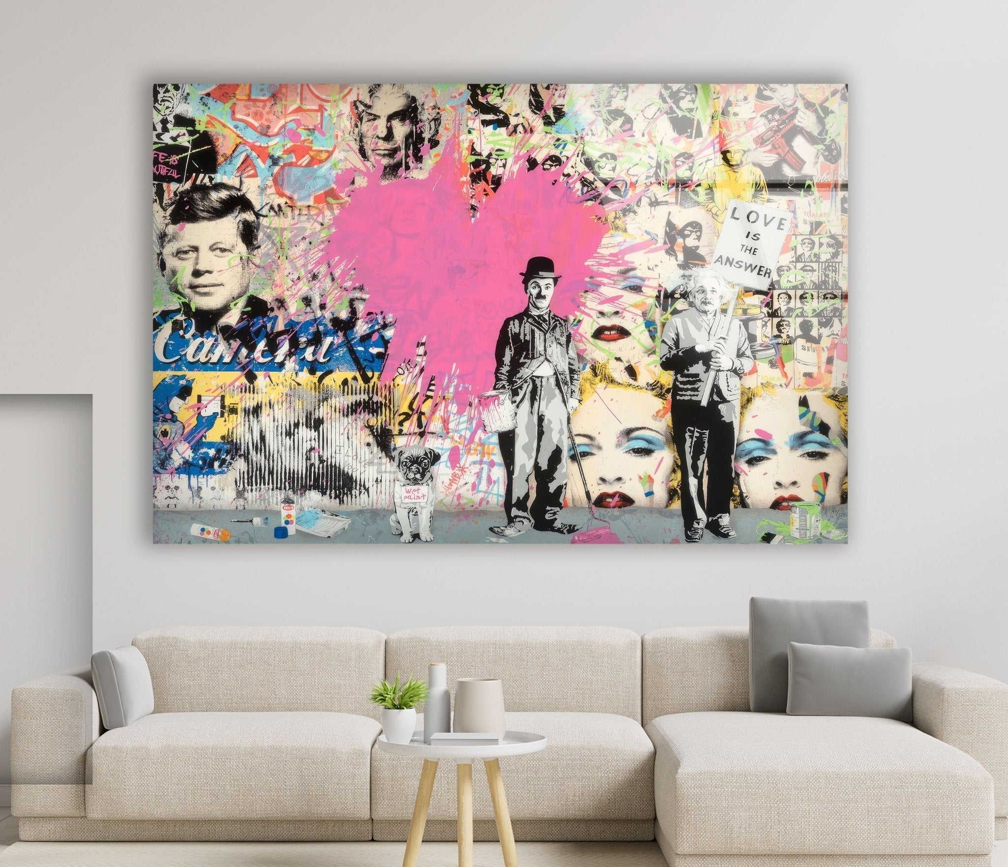 Banksy Charlie Chaplin Street Art Glass Wall Decor - Modern Urban Home & Office Artwork for Living Room, Bedroom, or Office