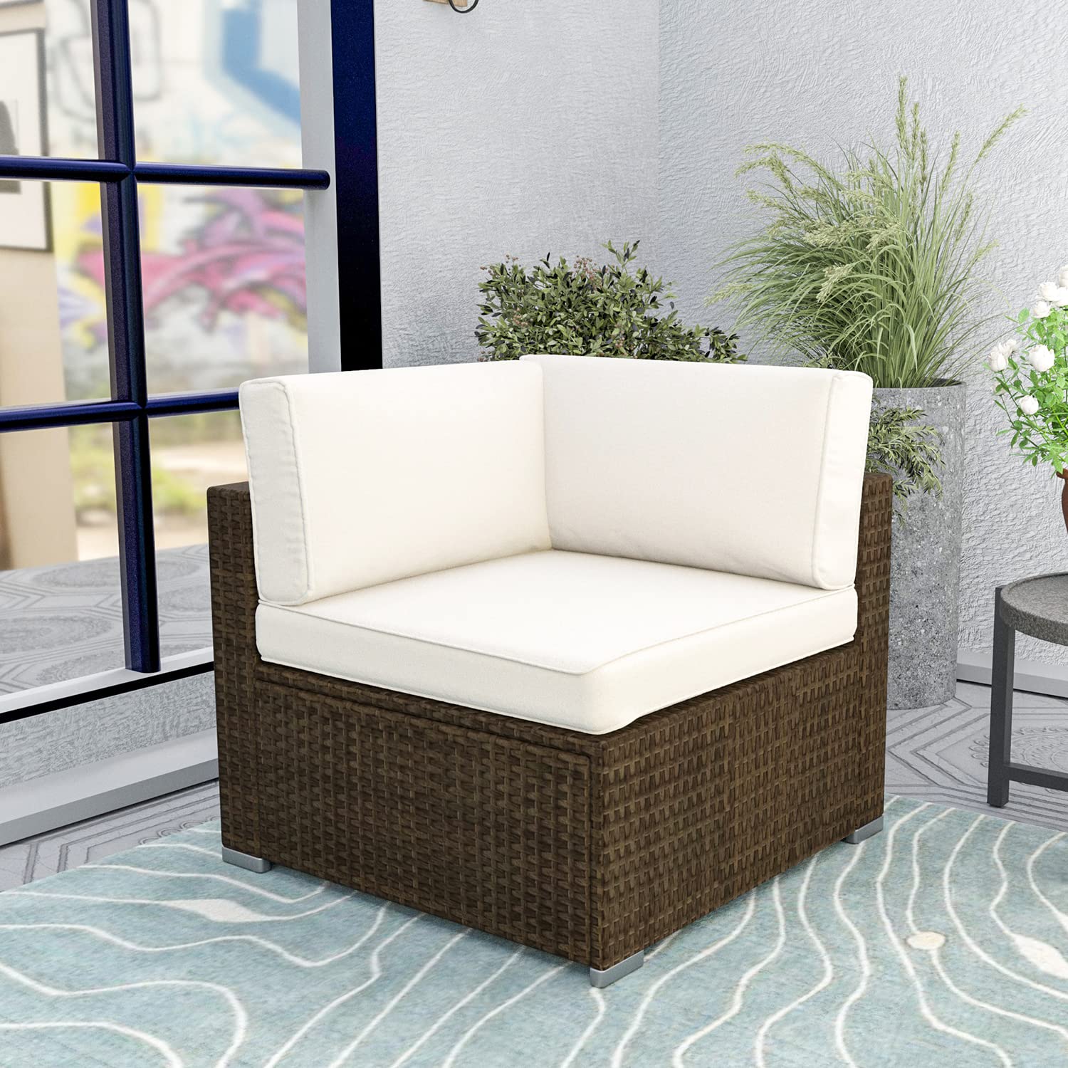 HOMPUS Outdoor Patio Furniture - Wicker Right Corner Chair with Beige Cushion for Garden, Pool, Backyard - Perfect for Relaxing, Lounging & Entertaining Guests