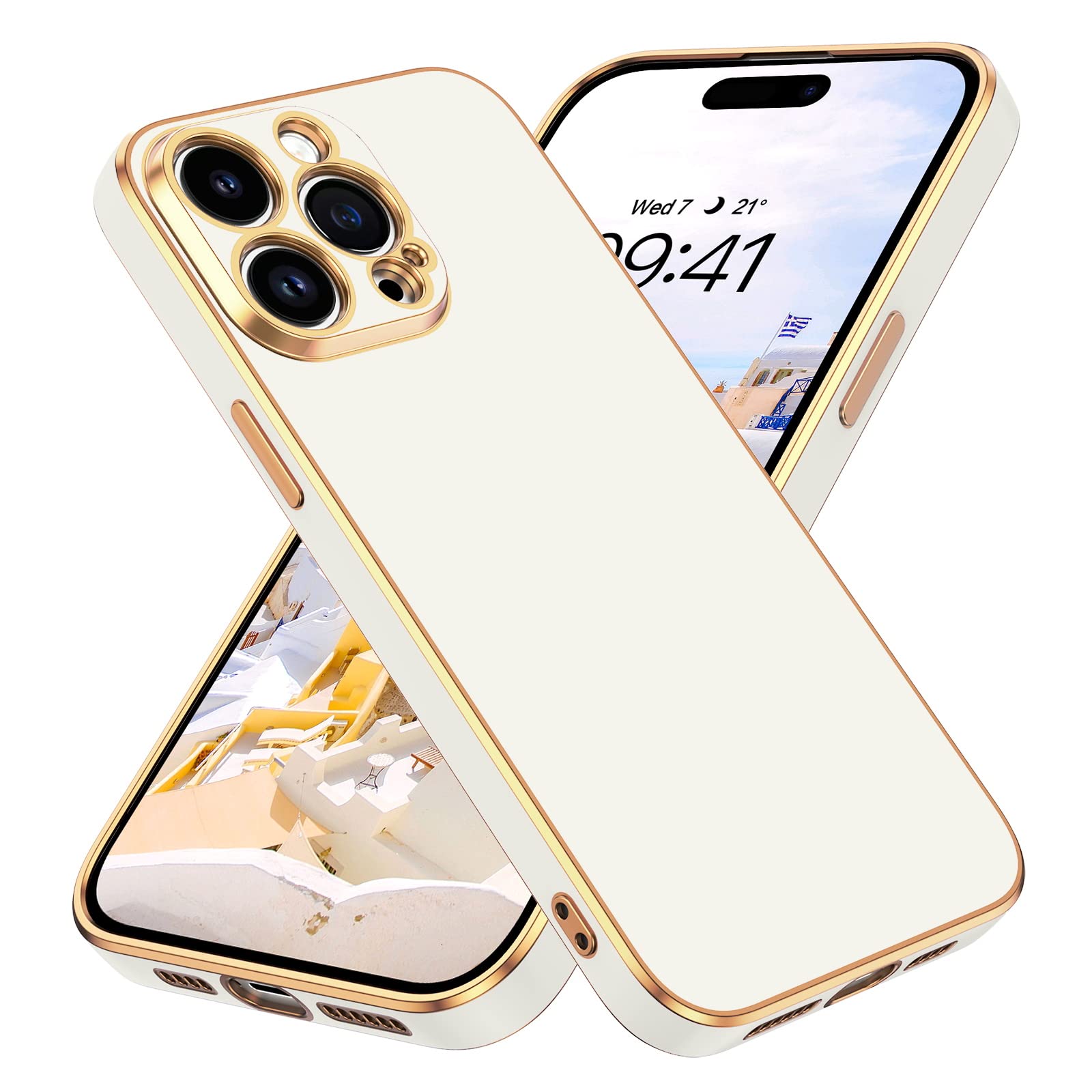 BENTOBEN iPhone 14 Pro Max Case 6.7 Inch - Slim Luxury Electroplated Bumper Protective Soft Cover with Strap for Women & Men (White/Gold) | Perfect for Work, Travel & Everyday Use