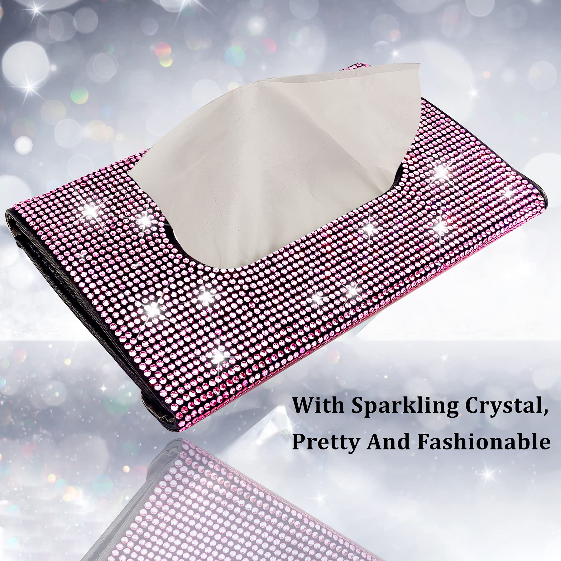 Sparkly Crystal PU Leather Car Sun Visor Tissue Box Holder - Bling Car Accessories for Women | Hanging Napkin Case for Tesla, BMW, Mercedes | Perfect for Road Trips & Daily Commute (Pink)