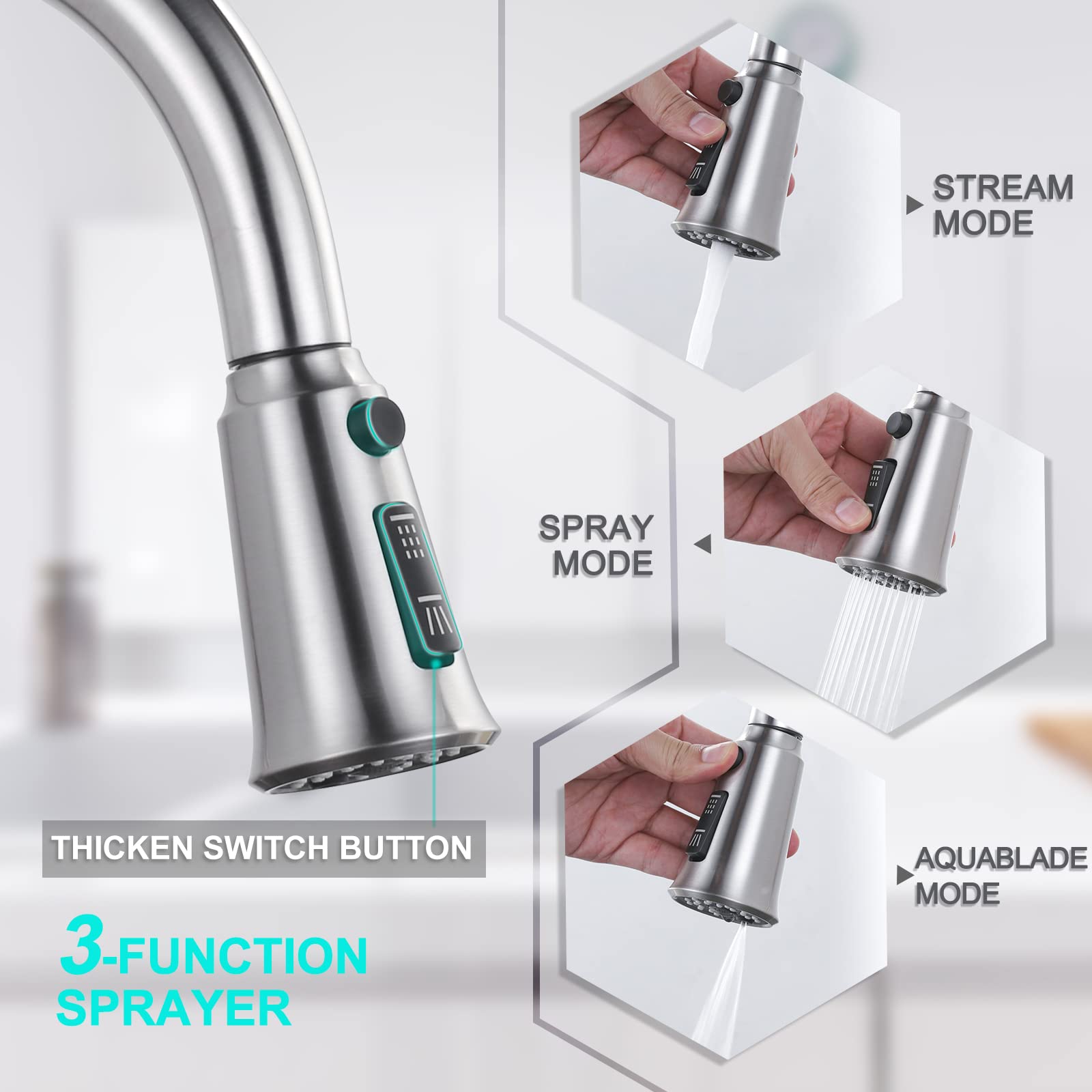 Premium Stainless Steel Pull Down Kitchen Faucet with Sprayer - Brushed Nickel Modern Design for 1 or 3 Hole Sink Installation - Includes RV Adapter - Perfect for Home Kitchen, RV, and Commercial Use