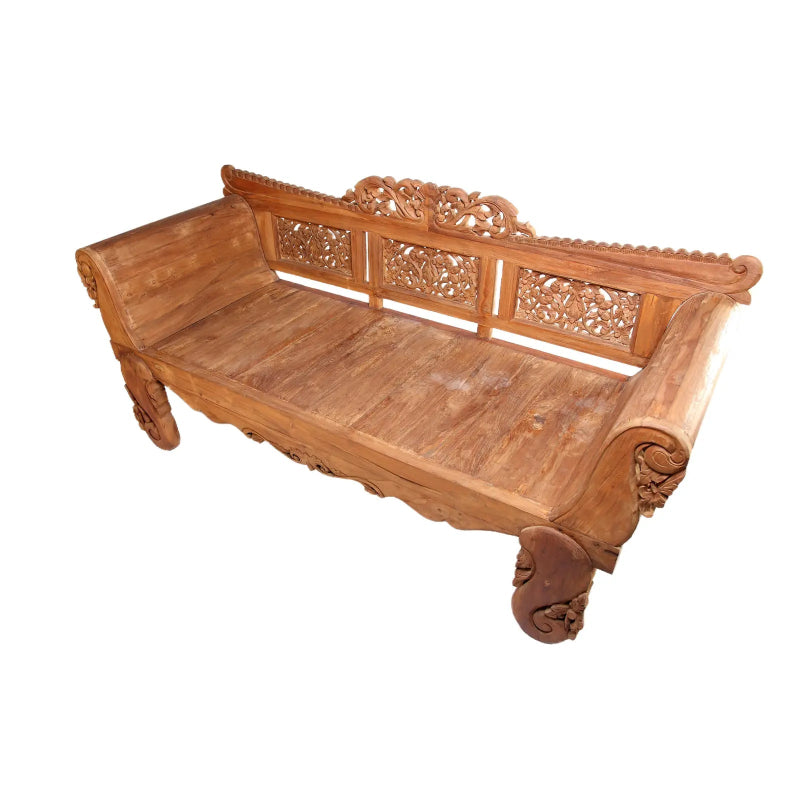 Hand Carved Bali Teak Wood Daybed with Ornate Carving Rails - Natural Finish | Perfect for Outdoor Patio, Poolside Lounging & Boho Chic Home Decor