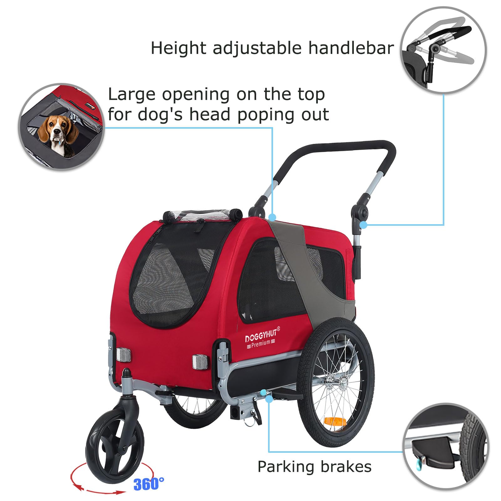 DOGGYHUT® Premium Medium Pet Bike Trailer & Stroller 2-in-1 - Convertible Dog Carrier for Small to Medium Dogs up to 50 lbs - Safety Parking Brakes, Easy Fold Design, Universal Bicycle Coupler - Perfect for Cycling, Jogging, Park Visits & Outdoor Adventures (E-Bike Compatible)