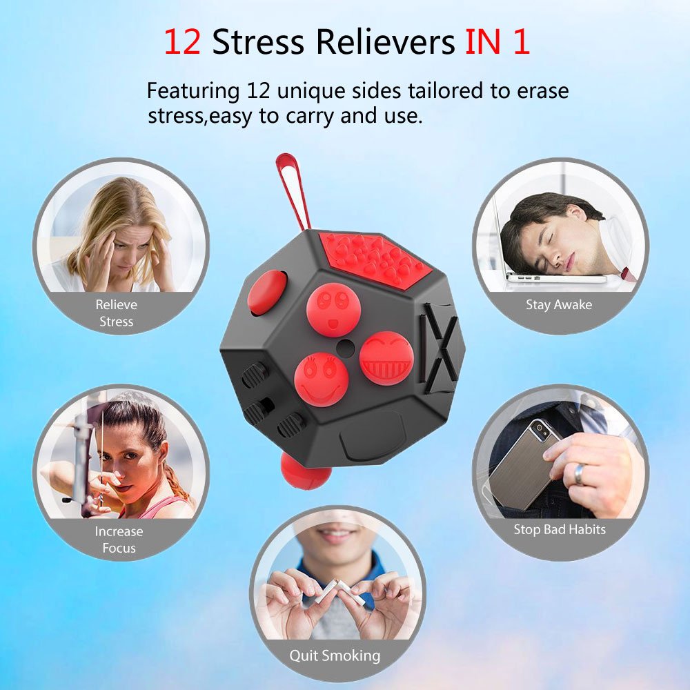 12-Sided Fidget Cube Stress Relief Toy for Anxiety & ADHD - Sensory Therapy for Autism, OCD, ADD - Calming Desk Toy for Kids & Adults (Black/Red) - Perfect for Office, School & Travel Stress Management