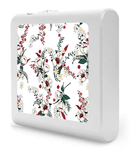 Dimmable LED Night Light with Auto On/Off Sensor, Adjustable Brightness & Warm White Light - Perfect for Bathroom, Hallway, Nursery & Bedroom - Red & White Floral Design (Energy Efficient Plug-in Nightlight for Home Safety & Comfort)