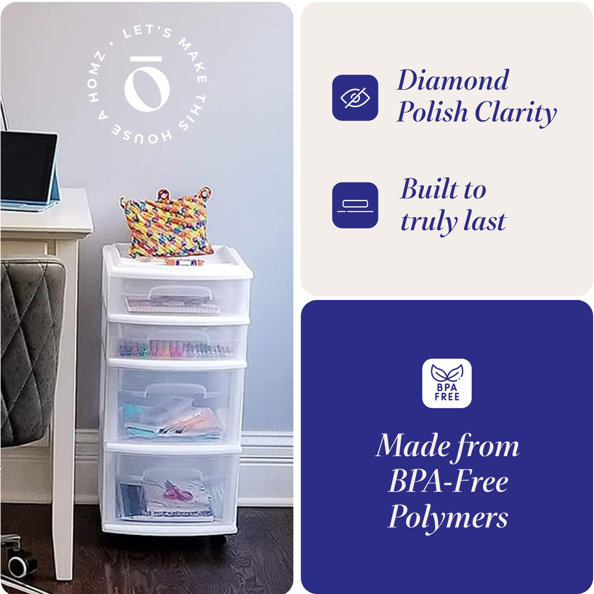 HOMZ 2-Pack 5-Tier Clear Plastic Storage Drawer Tower Organizer with White Frame - Perfect for Bedroom, Closet, Office & Craft Room Organization