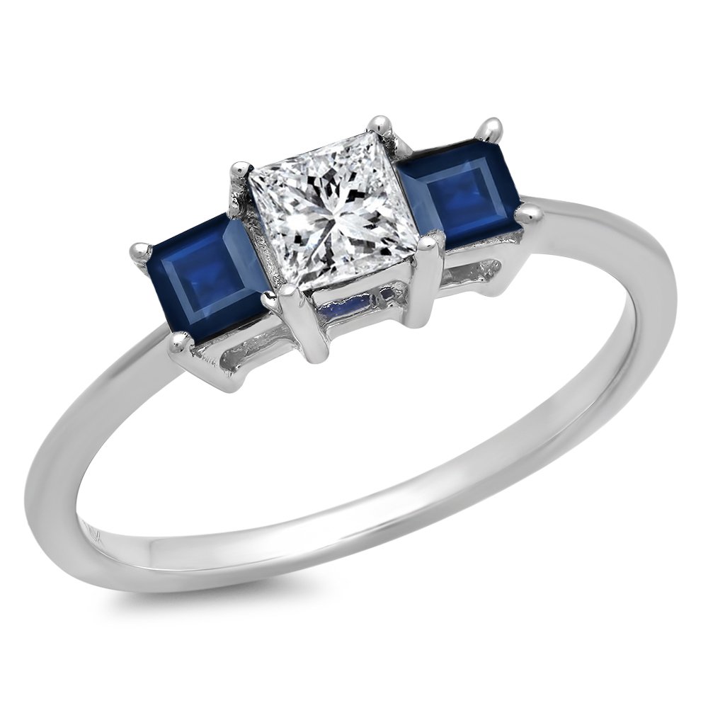 Dazzlingrock Collection 18K White Gold Princess-Cut White Diamond & Blue Sapphire 3-Stone Engagement Ring for Women - Perfect for Bridal, Wedding, Anniversary & Special Occasions