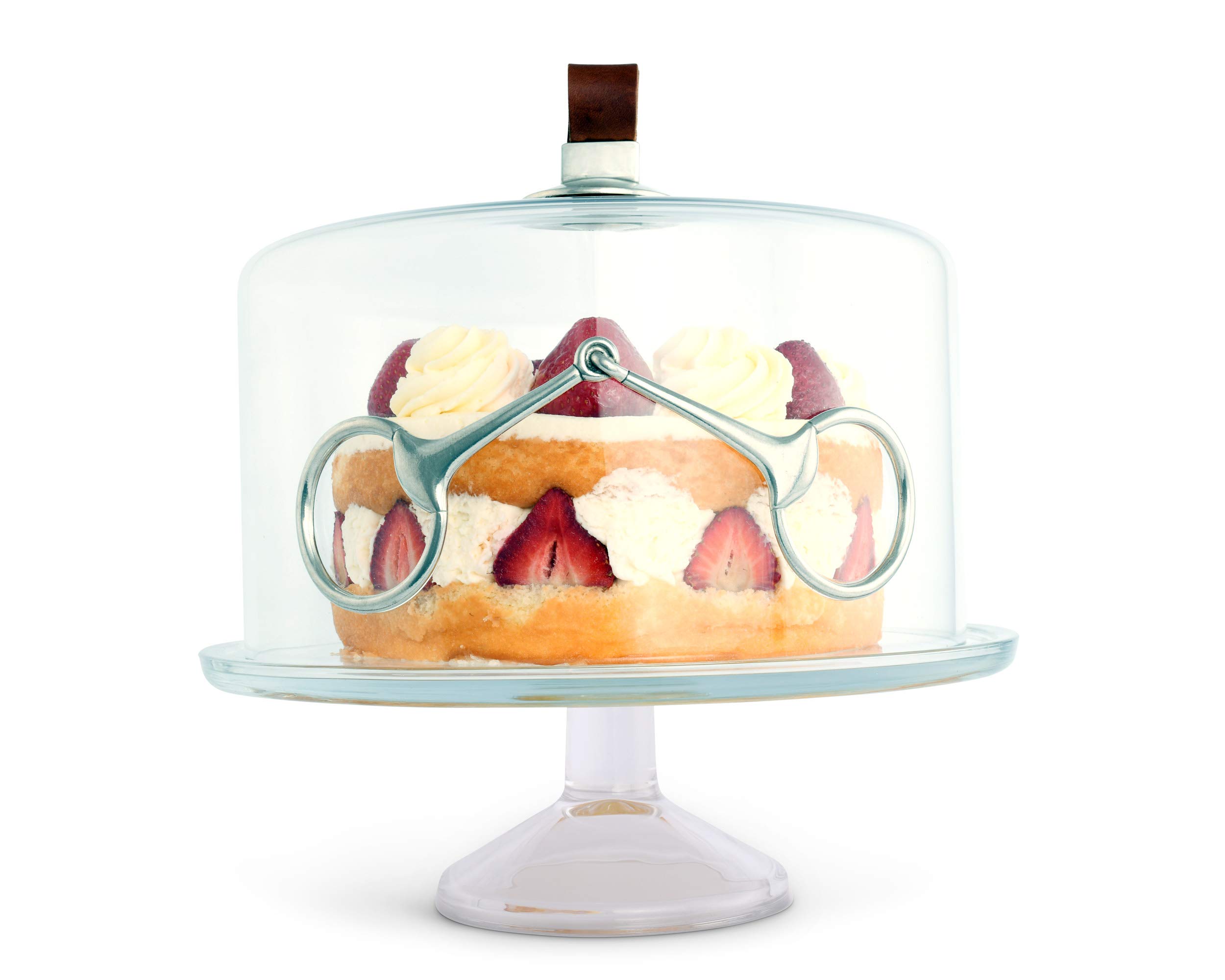 Vagabond House Handblown Glass Cake Stand with Dome Cover - 13 Inch Diameter, 4 Inch Tall - Pewter Leather Base & Knob - Elegant Dessert Display for Weddings, Parties & Home Decor