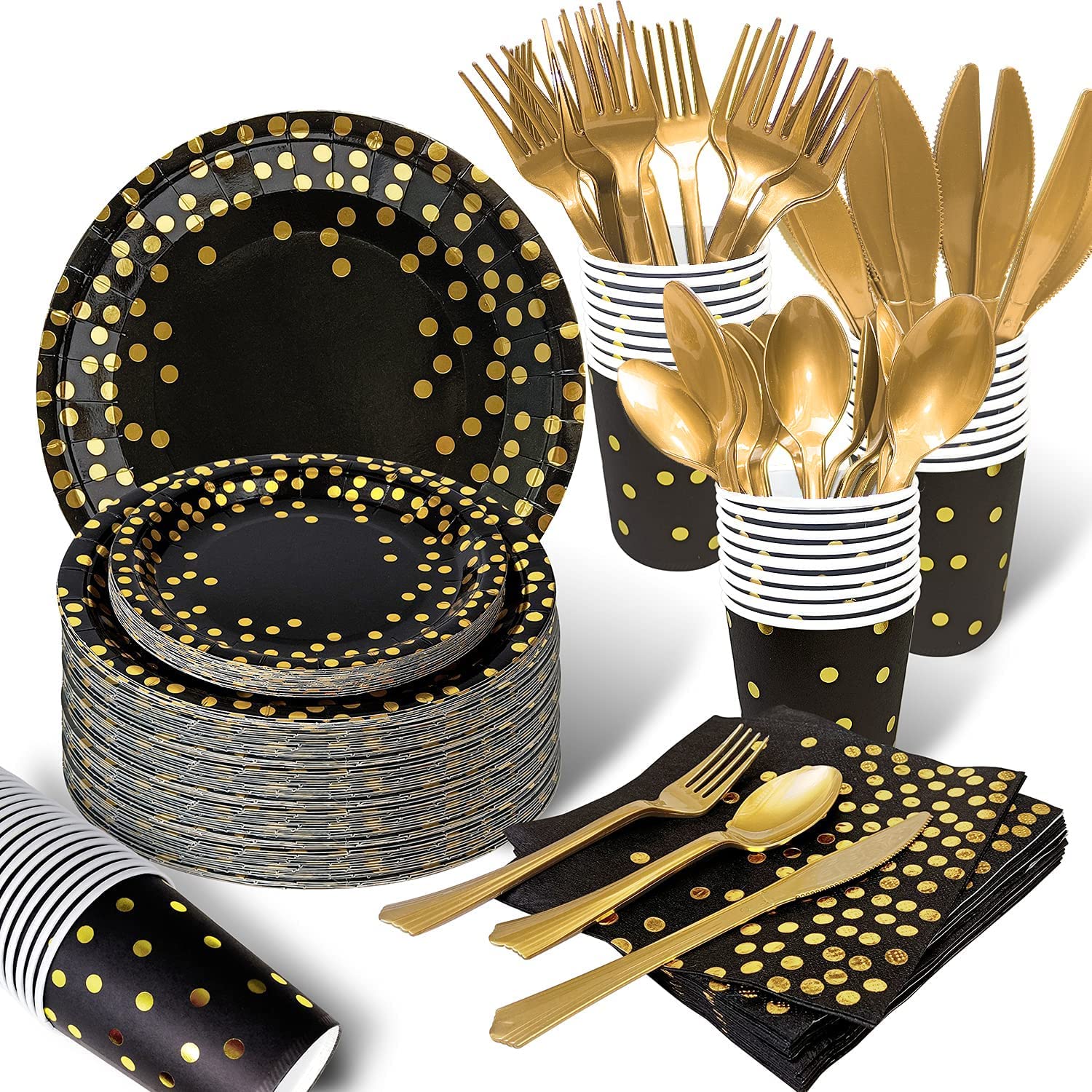 175PCS Black and Gold Party Supplies Set - 25 Guest Disposable Cutlery Kit with Plastic Forks, Knives, Spoons, Paper Plates, Napkins & Cups - Elegant Graduation, Prom, Birthday & New Year Celebration Decorations - Perfect for Dinner Parties, Wedding Receptions & Special Events