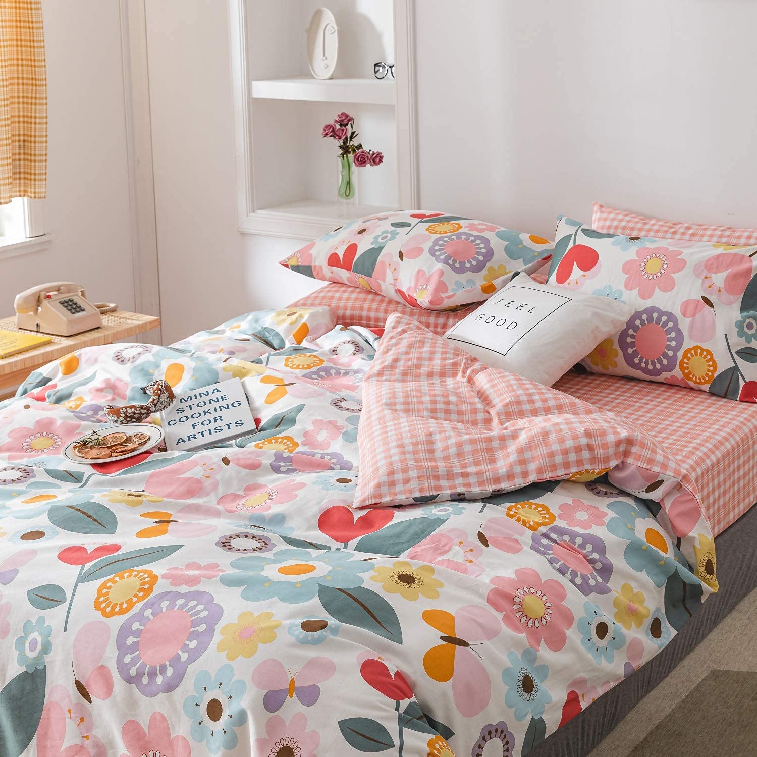Jane yre Floral Duvet Cover Twin - 100% Cotton 3-Piece Bedding Set with Zipper Ties, Soft Breathable Luxury Comforter Cover in Fresh Garden Style Yellow/Red Flower Print (No Comforter Included) - Perfect for Kids' Rooms, Guest Bedrooms & Boho Chic Home Decor