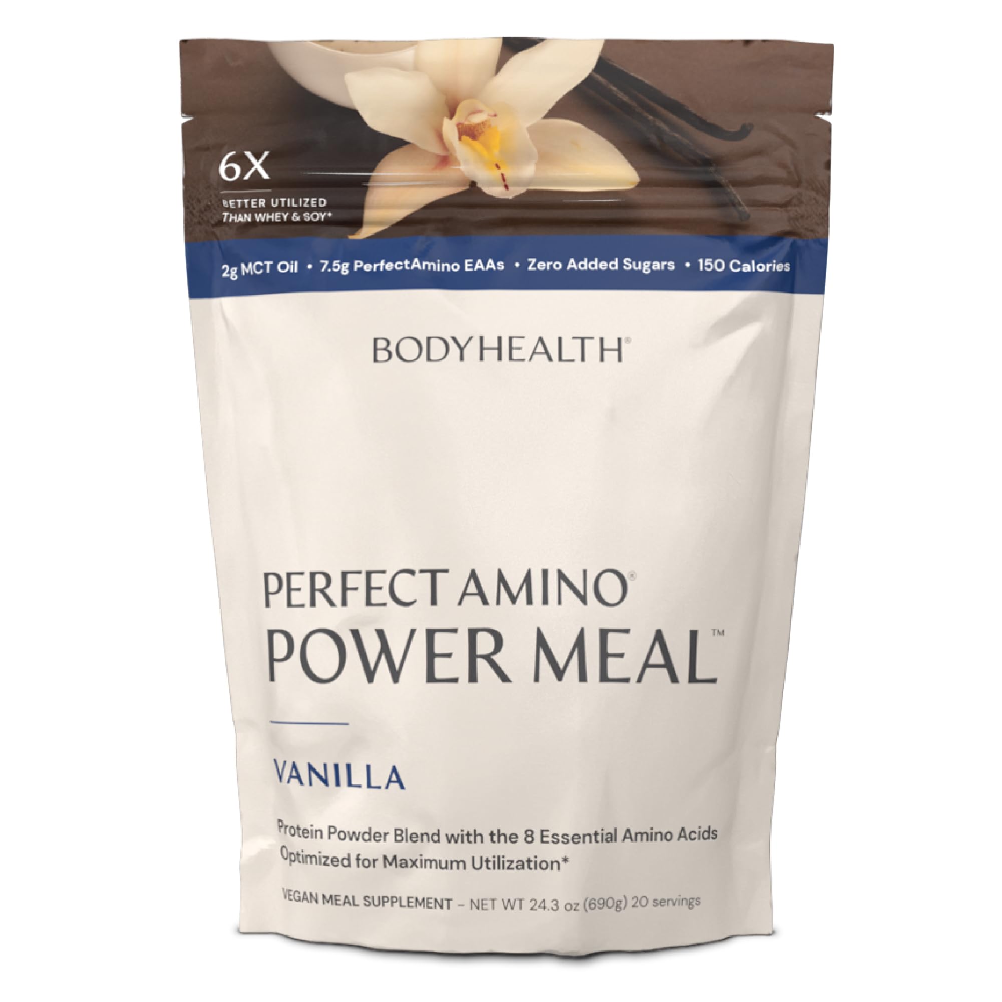BodyHealth PerfectAmino Power Meal - Natural Vanilla Vegan Protein Powder | Dairy-Free, Plant-Based Organic Meal Replacement Shake with 12.5g Protein (20 Servings) for Post-Workout Recovery & Healthy Weight Management