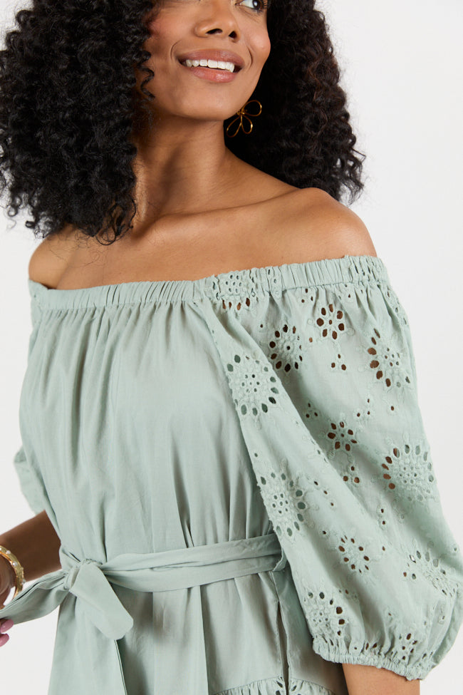 Elegant Sage Green Eyelet Off-The-Shoulder Summer Dress for Women - Perfect for Beach Vacations, Date Nights & Outdoor Weddings