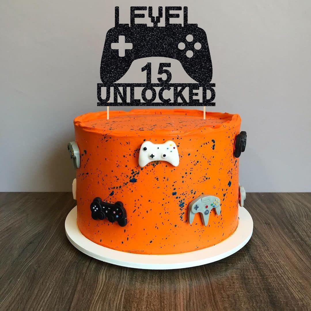 Level 15 Unlocked Cake Topper - Video Game Controller Birthday Decoration for 15th Birthday Party | Perfect for Gamer Cakes, Gaming Themed Parties & Anniversary Celebrations