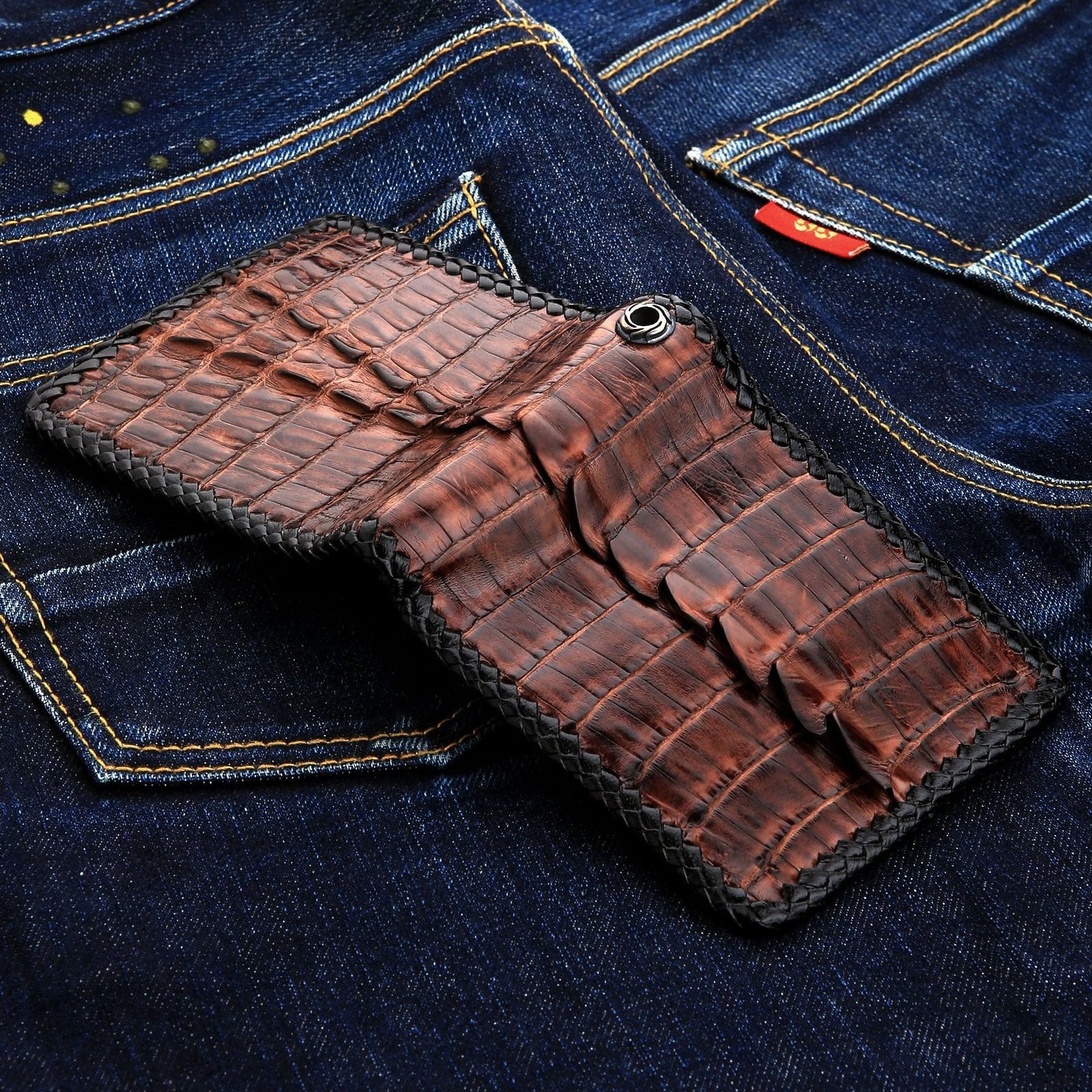 Premium Dark Brown Crocodile Leather Bifold Wallet for Men - Slim RFID Blocking Biker Wallet - Perfect for Motorcycle Riders, Travel & Everyday Carry