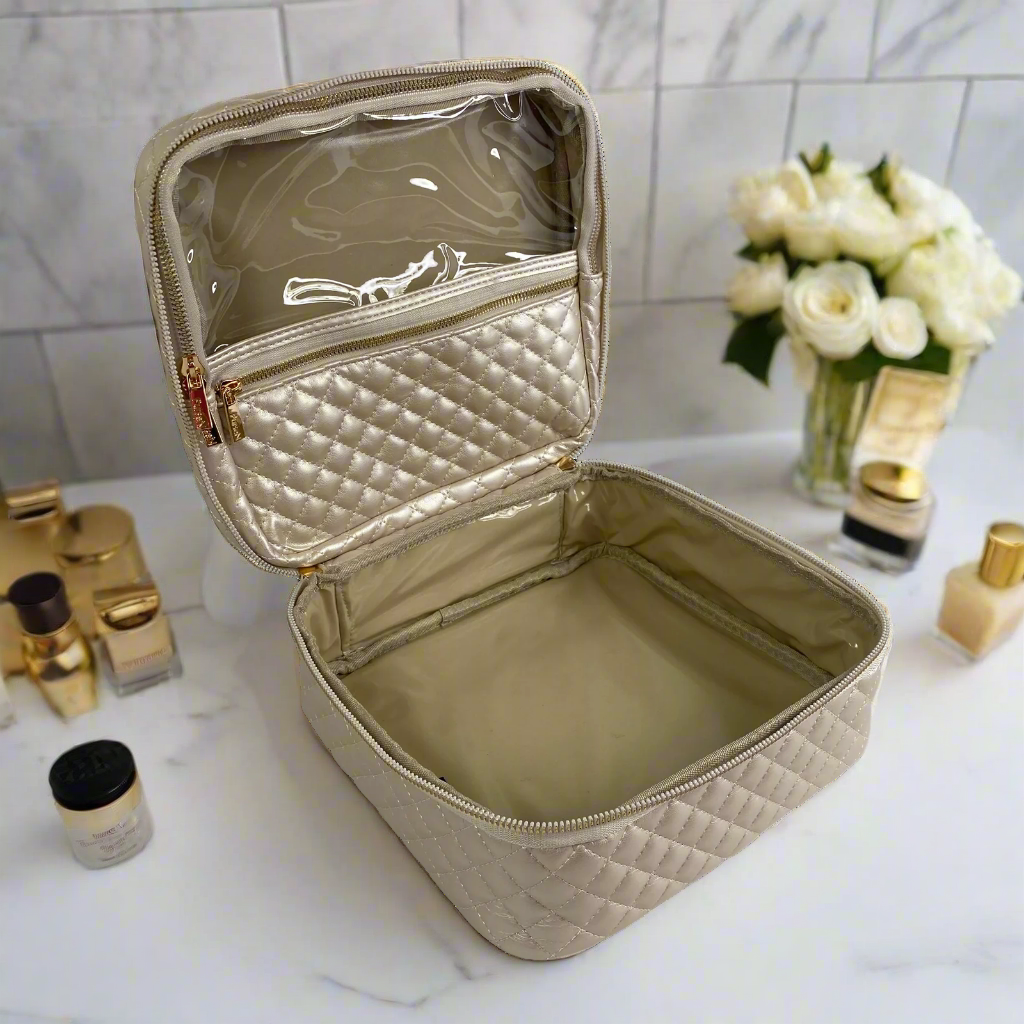 Mini Diva Makeup Case - Pearl Quilted Cosmetic Bag for Women | Travel & Everyday Use | Compact Organizer for Makeup Brushes, Lipsticks & Beauty Essentials