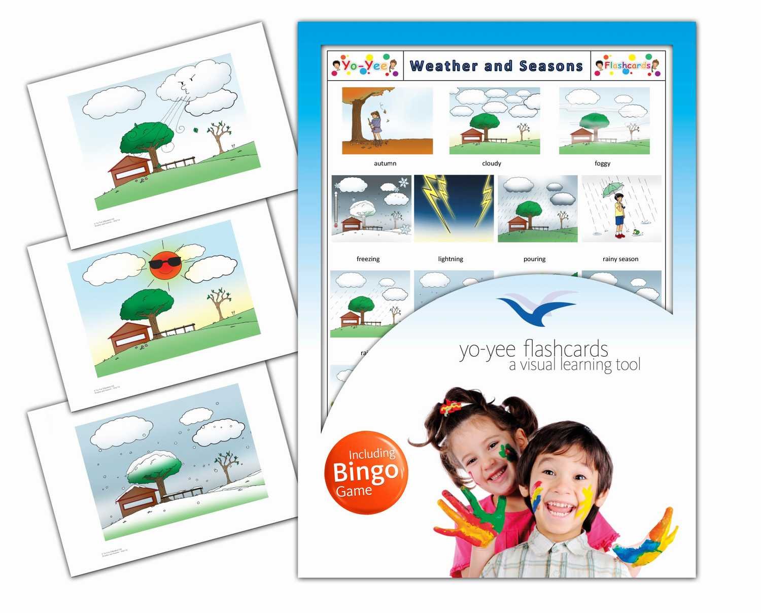 Weather & Seasons Flash Cards with Bingo Game - Educational Vocabulary Picture Cards for Toddlers, Kids & Adults - Perfect for Classroom Learning & Family Game Night