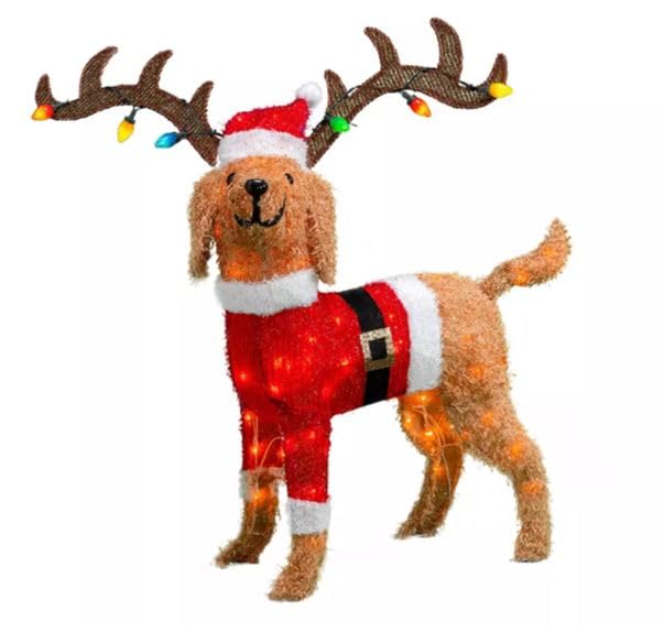 30 Inch Goldendoodle Dog with Santa Hat - Outdoor Christmas Decoration for Yard, Porch, and Holiday Party Decor