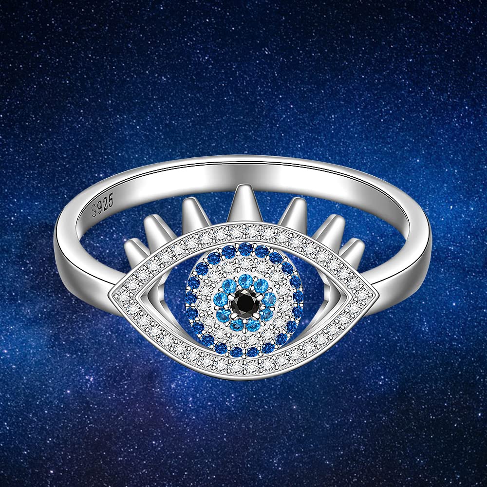 Evil Eye Protection Ring for Women - Sterling Silver Blue Sapphire Turkish Nazar Jewelry - Spiritual Third Eye Greek Religious Faith Lucky Gift - Size 7-8 - Perfect for Meditation, Yoga & Positive Energy