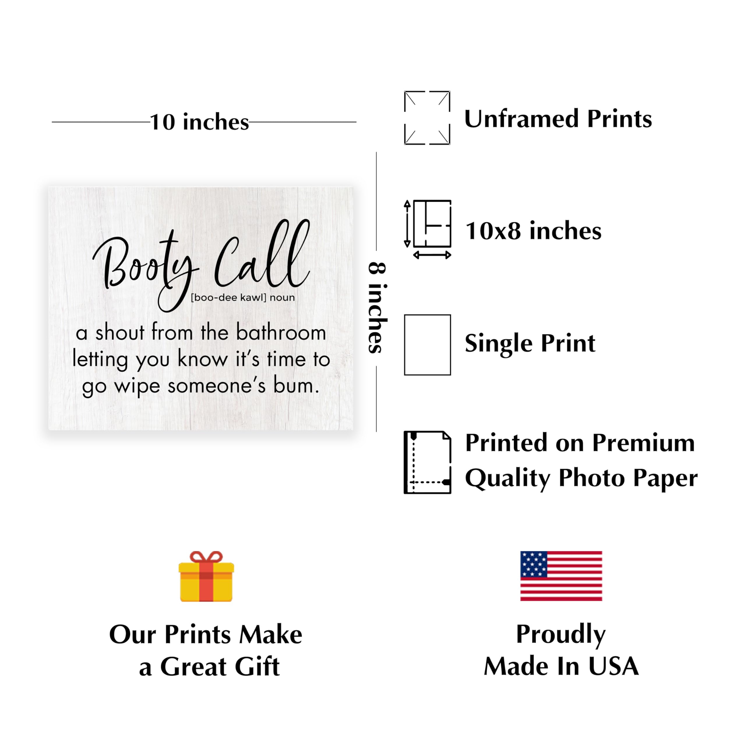 Funny Bathroom Wall Art Print - Booty Call Shout From the Bathroom - Humorous Typographic Decor for Home, Family & Guest Bathrooms - Unframed 10x8 - Perfect for Parents & Entertaining Guests