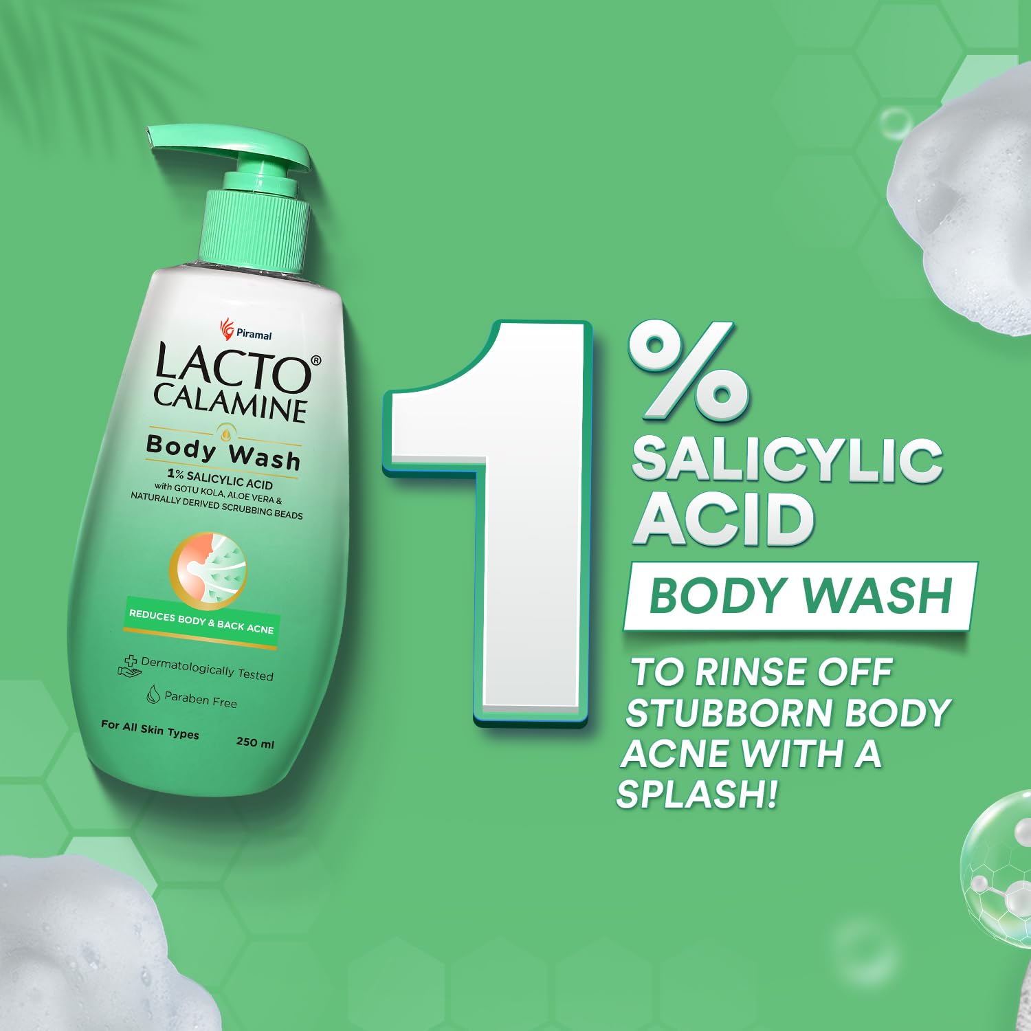 Lacto Calamine 1% Salicylic Acid Acne Body Wash - 250ml | Treats Body Acne, Back Acne & Bumpy Skin | With Cica, Aloe Vera, Turmeric & Natural Exfoliating Beads | Paraben-Free Shower Gel for Men & Women | Perfect for Daily Cleansing & Preventing Breakouts