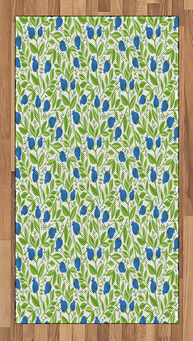 Ambesonne Fruits Area Rug - Blueberry Blossoms & Leaf Branches Nature Design, Non-Slip Flat Woven Accent Rug for Living Room, Bedroom, Dining Room - 2'6