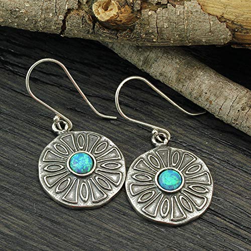 Vintage Style 925 Sterling Silver Round Blue Fire Opal Dangle Earrings for Women, Elegant Handmade Jewelry Gift for Party, Wedding & Evening Events
