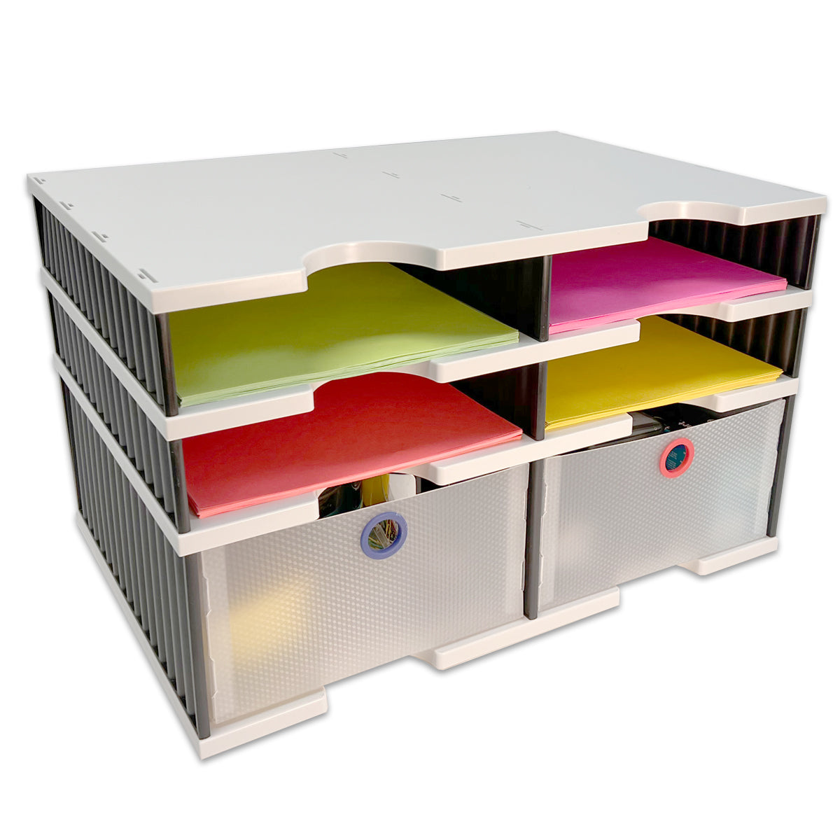 4-Tier Desktop Organizer with Letter Trays, Storage Drawers & Riser Base - Modular File Sorter for Documents, Office Supplies & Frequently Used Items - Perfect for Home Office, Workspace & School Organization