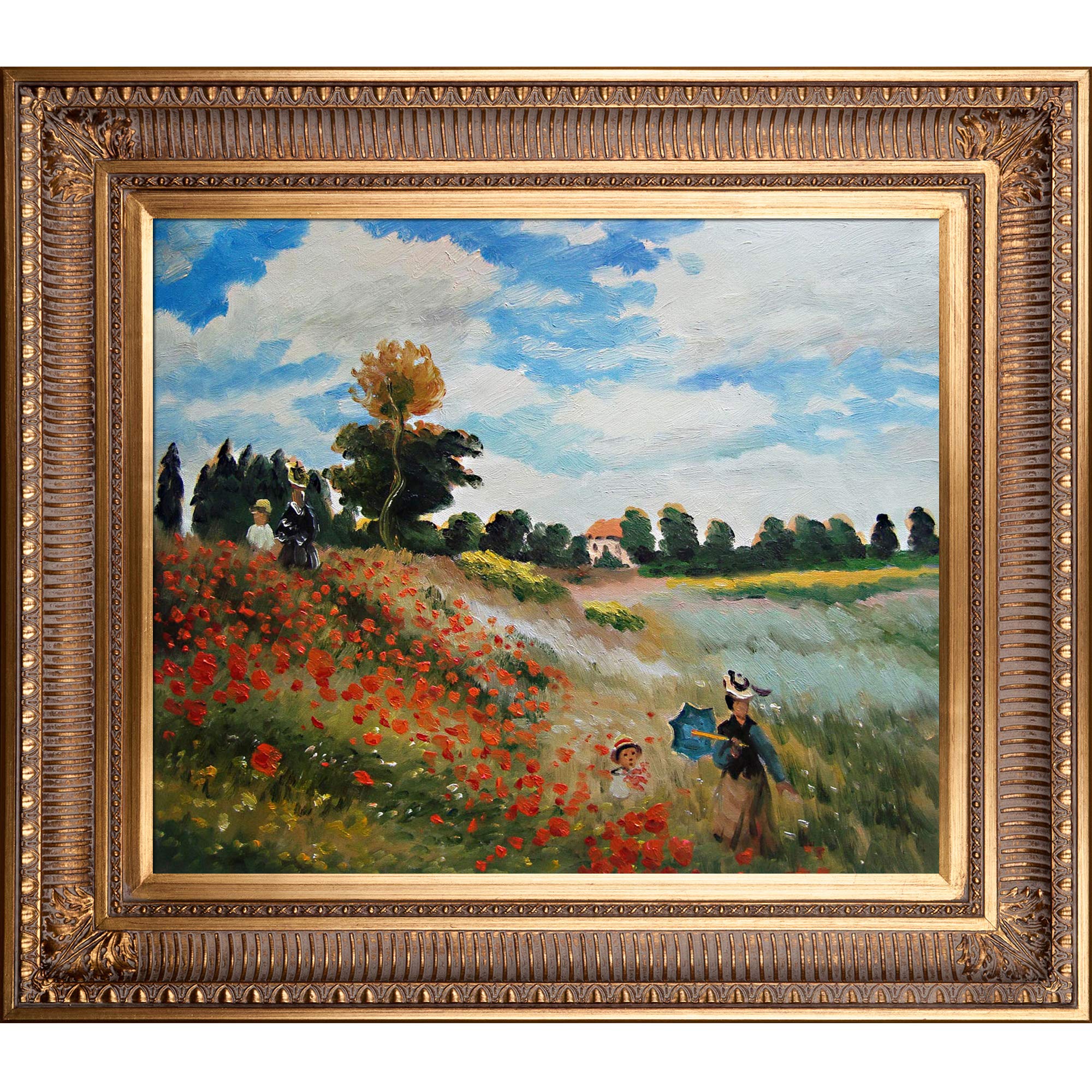 La Pastiche Poppy Field in Argenteuil - Hand-Painted Oil Painting Reproduction with Gold Frame, 32.5 x 28.5 Inches - Vibrant Floral Wall Art for Living Room, Bedroom & Office Decor