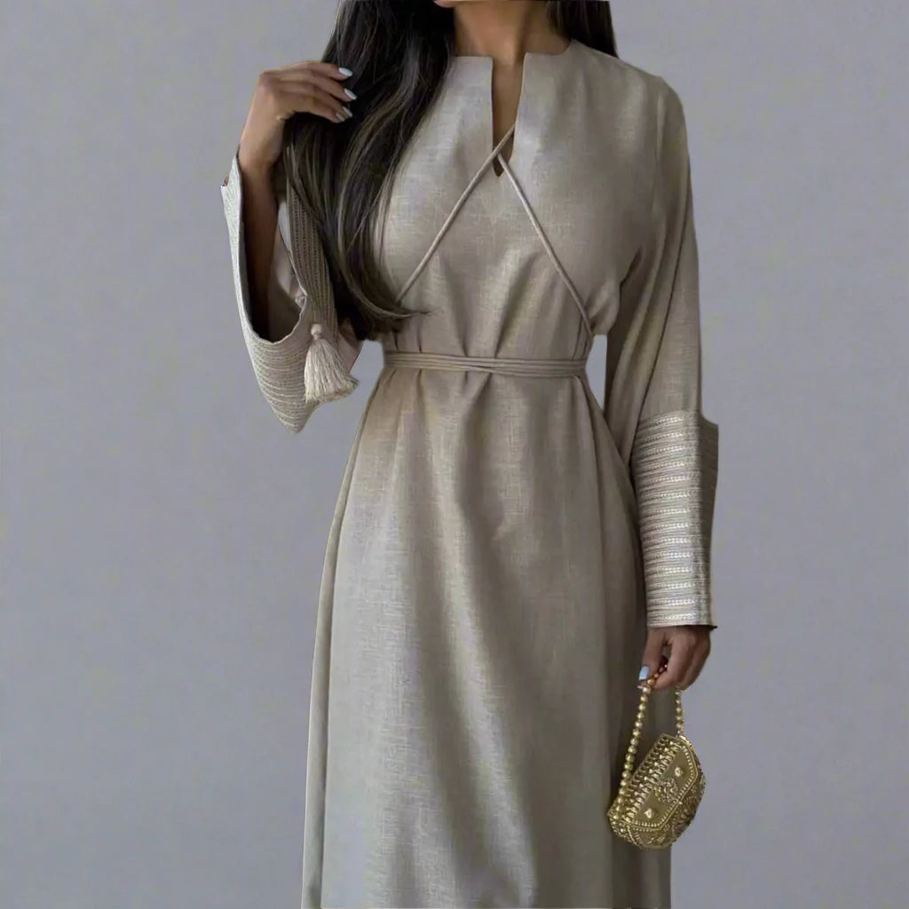 Elegant Embroidery Sleeve V-Neck Muslim Abaya Dress for Women - Perfect for Prayer, Mosque & Special Occasions