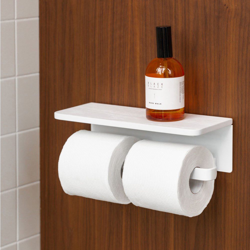 DESIGNSTUFF White Dual Toilet Paper Holder with Shelf - Space Saving Bathroom Organizer for Modern Homes