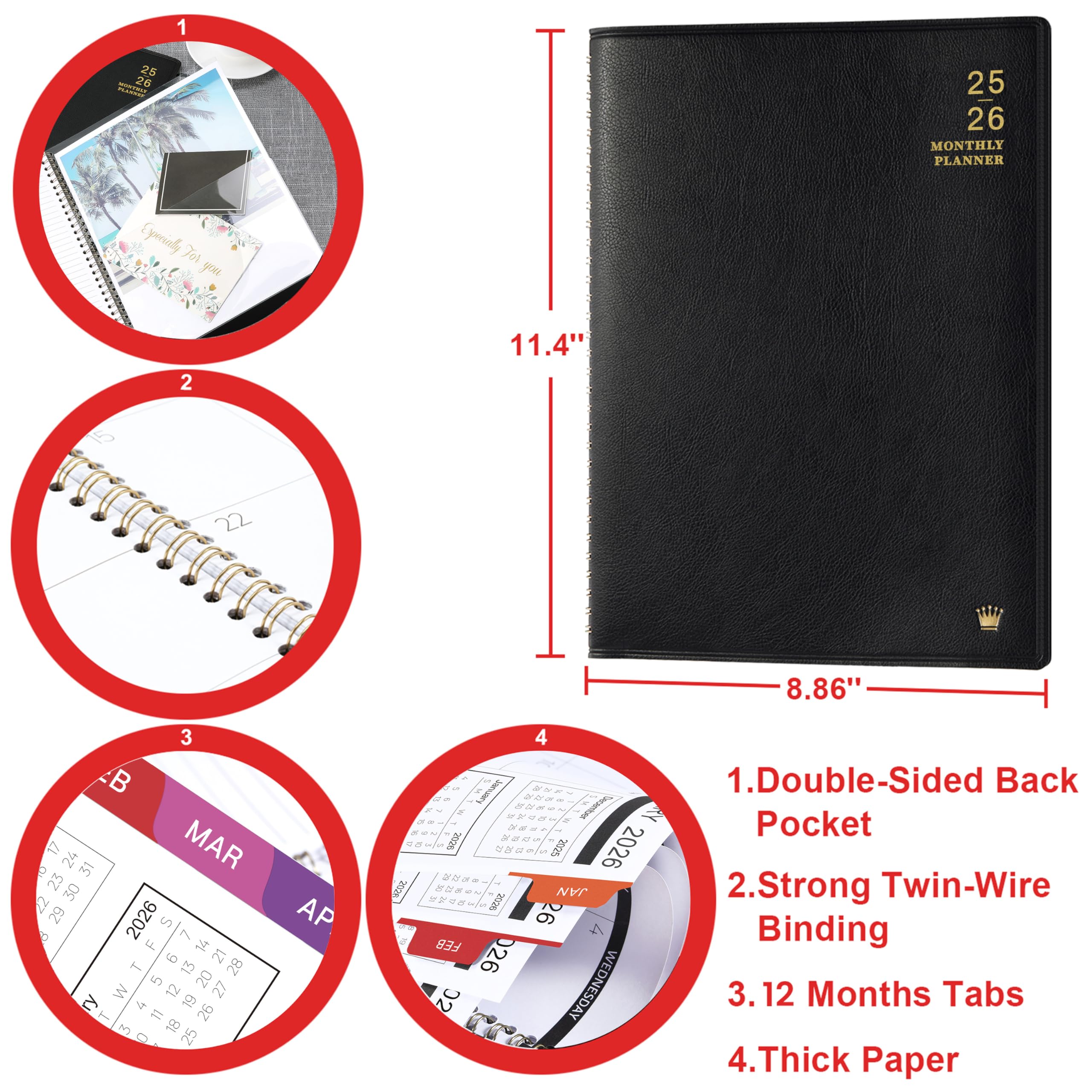 2025-2026 Monthly Planner Calendar - 18 Month Planner from July 2025 to December 2026, Faux Leather Cover, 8.86