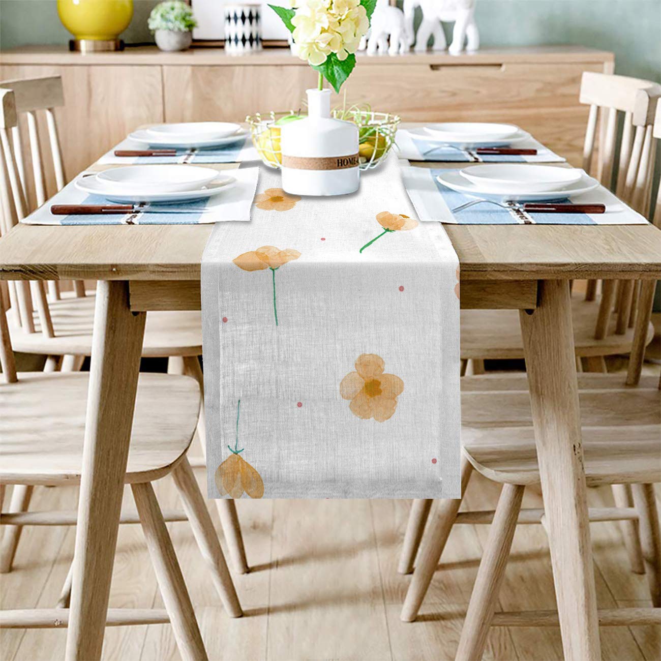 Modern Linen Table Runner - 13x70 Inch Spring Floral Decorative Table Cover for Wedding, Kitchen, Dresser, Thanksgiving, Christmas & Halloween Parties - Heat Resistant Home Decor (Perfect for Dining Tables, Buffets, and Holiday Entertaining)