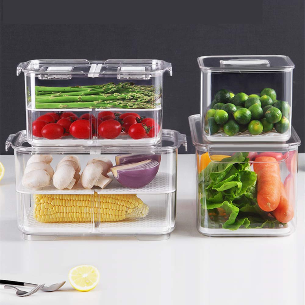 SANNO Airtight Vegetable & Fruit Storage Containers for Fridge - BPA-Free Food Storage Bins with Lids & Removable Drain Tray - Stackable Refrigerator Organizer Drawers for Fresh Produce - Perfect for Kitchen, Pantry & Meal Prep Organization
