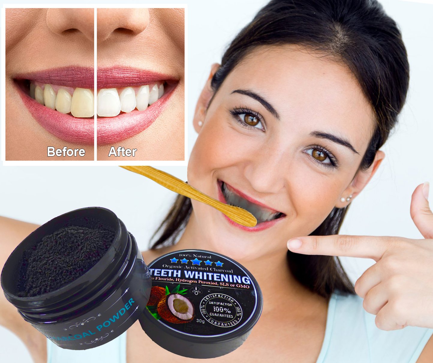 2-Pack Natural Organic Activated Charcoal Teeth Whitening Powder with 4 Bamboo Toothbrushes - Whitens Teeth, Removes Stains & Freshens Breath - Eco-Friendly Dental Care for Home & Travel Use