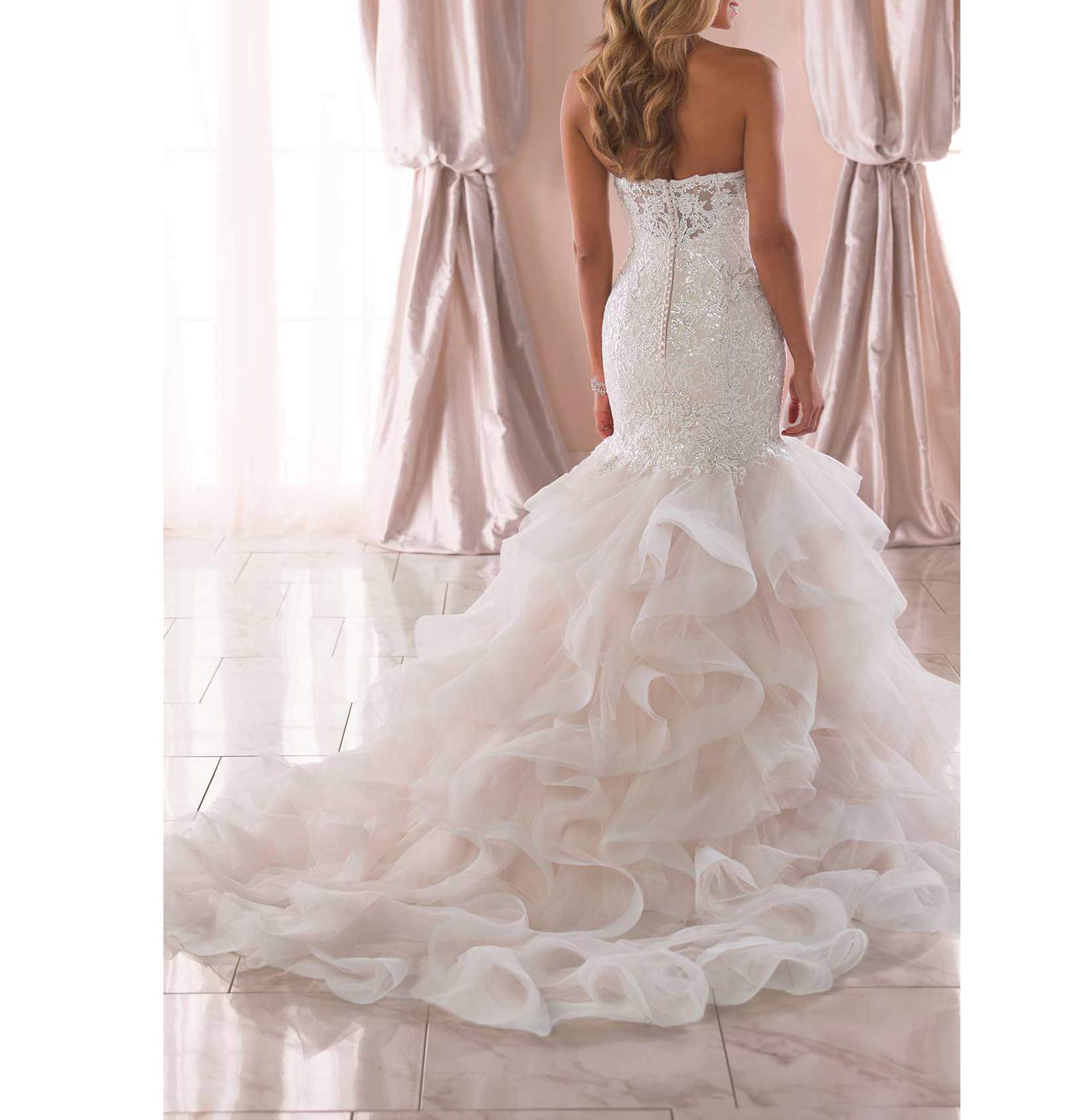Elegant Long Mermaid Wedding Dress with Ruffle Skirt & Lace Appliques | Sweetheart Neckline Bridal Gown for Beach, Church, and Formal Weddings