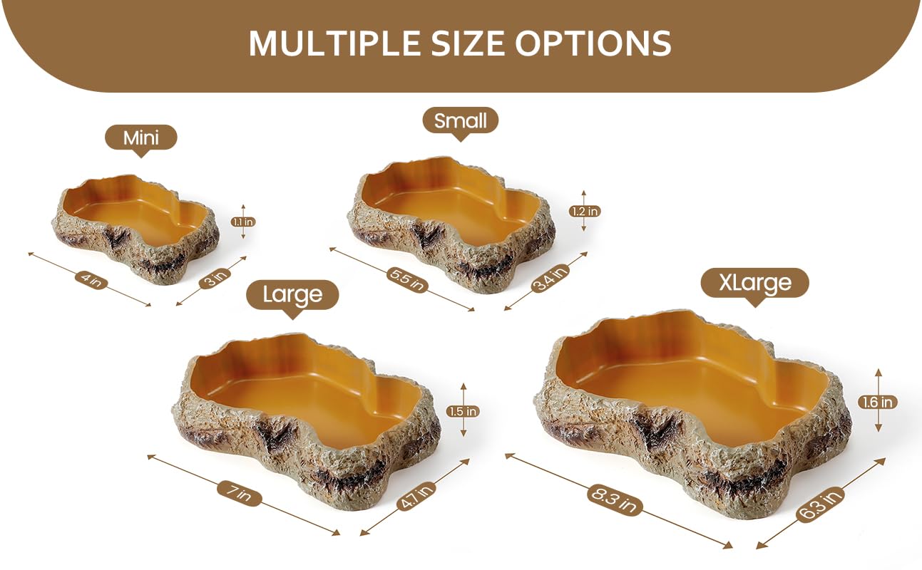 Natural Resin Reptile Food & Water Rock Bowls - Dual-Purpose Worm Feeder Dish & Terrarium Decor for Lizards, Chameleons, Frogs, Bearded Dragons | Perfect for Desert & Tropical Habitat Setups