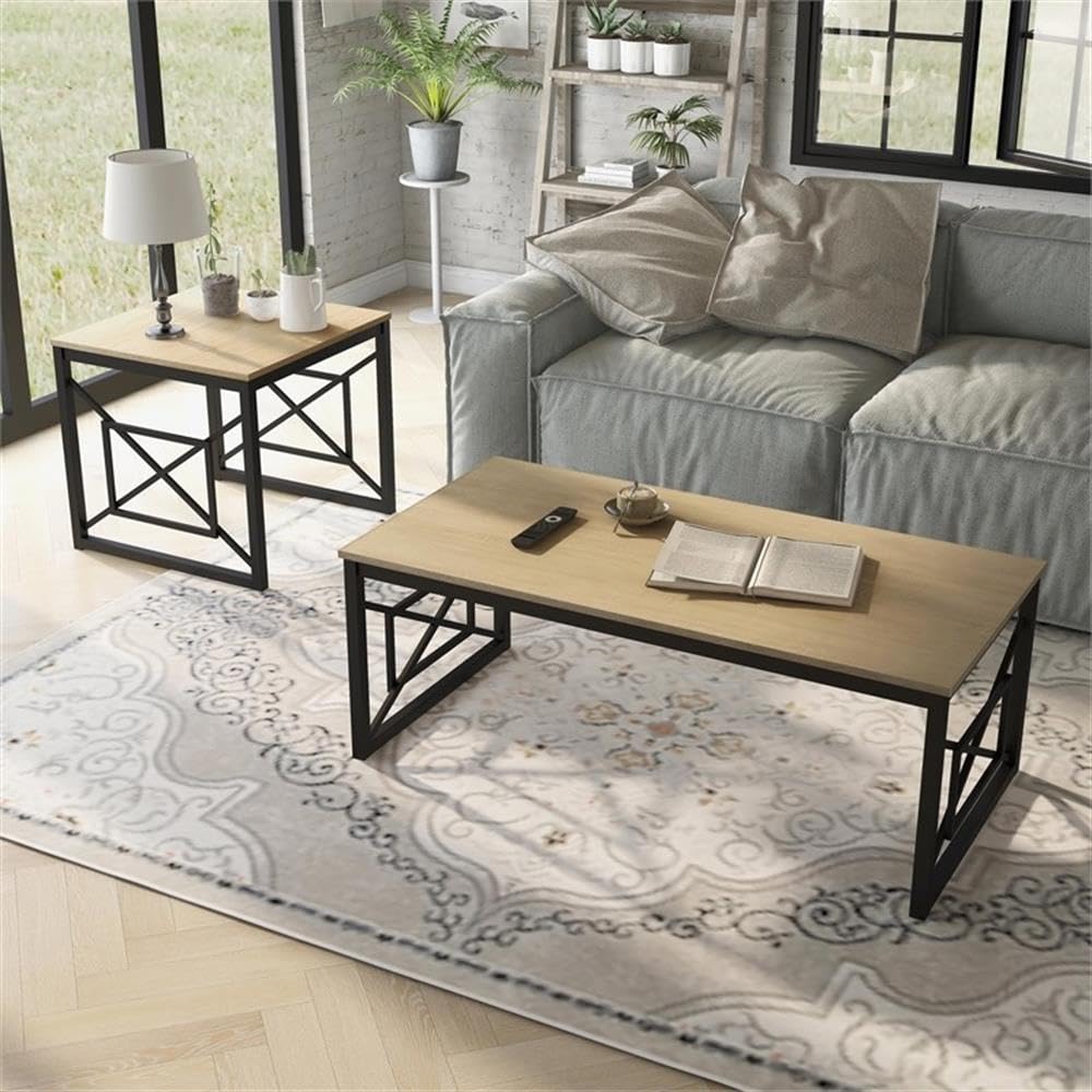 Olive Metal Coffee Table Set - 2-Piece Oak & Black for Living Room